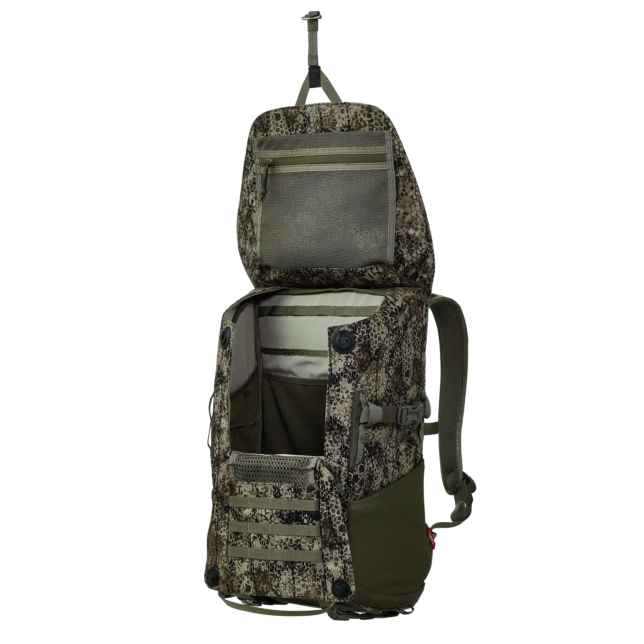 Open camouflage Moonrivers backpack with mesh pocket, adjustable straps, and organized compartments for outdoor gear.