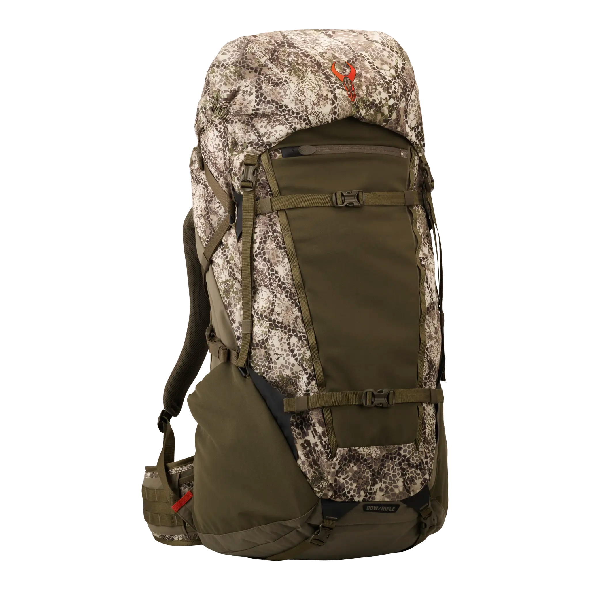 Large camo hunting backpack with Moonrivers Logo, padded straps, and multiple compartments for outdoor gear.