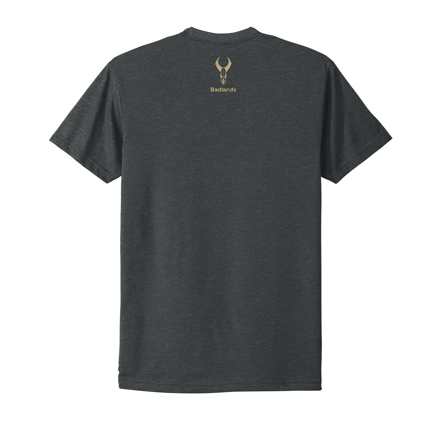 Dark gray t-shirt with tan Moonrivers skull logo and "Badlands" text on upper back. Short sleeves, crew neck.