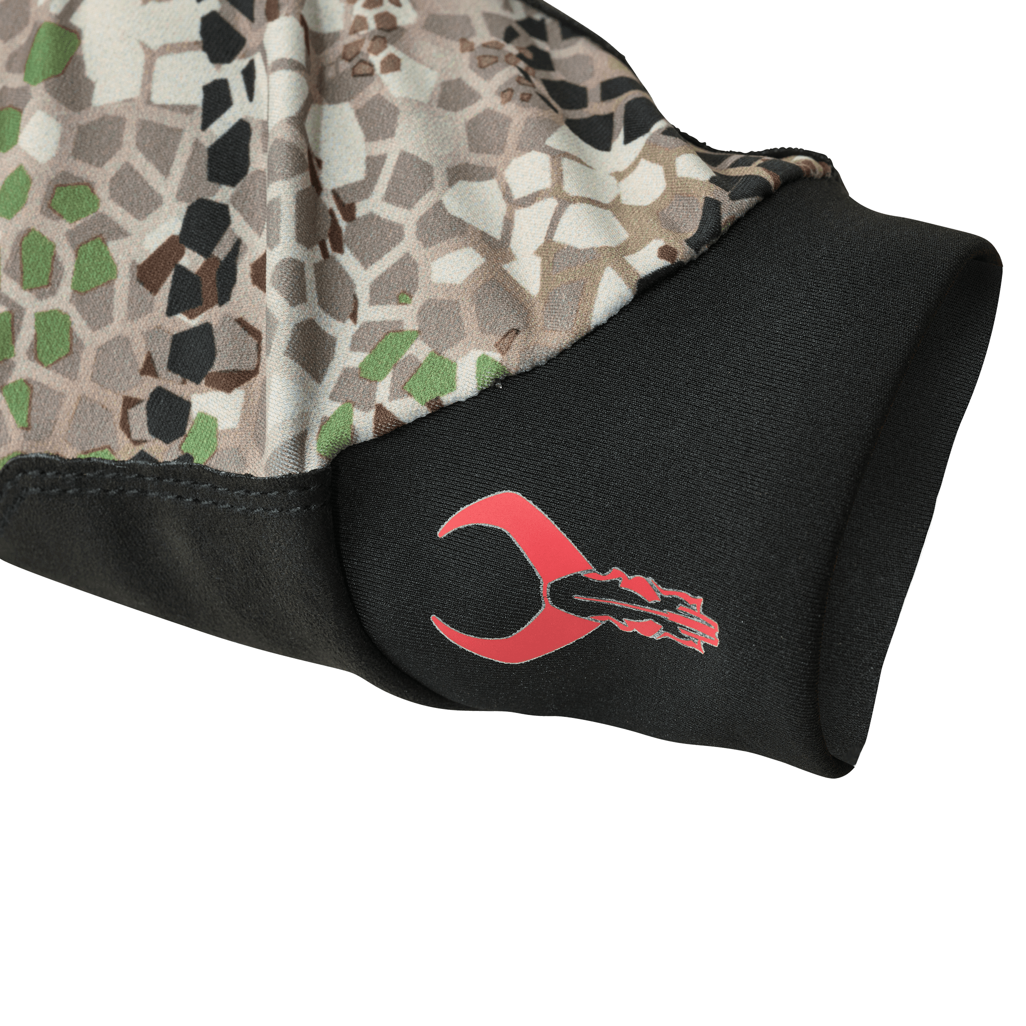 Close-up of a Moonrivers camo sleeve cuff with the red Moonrivers skull logo on black fabric.