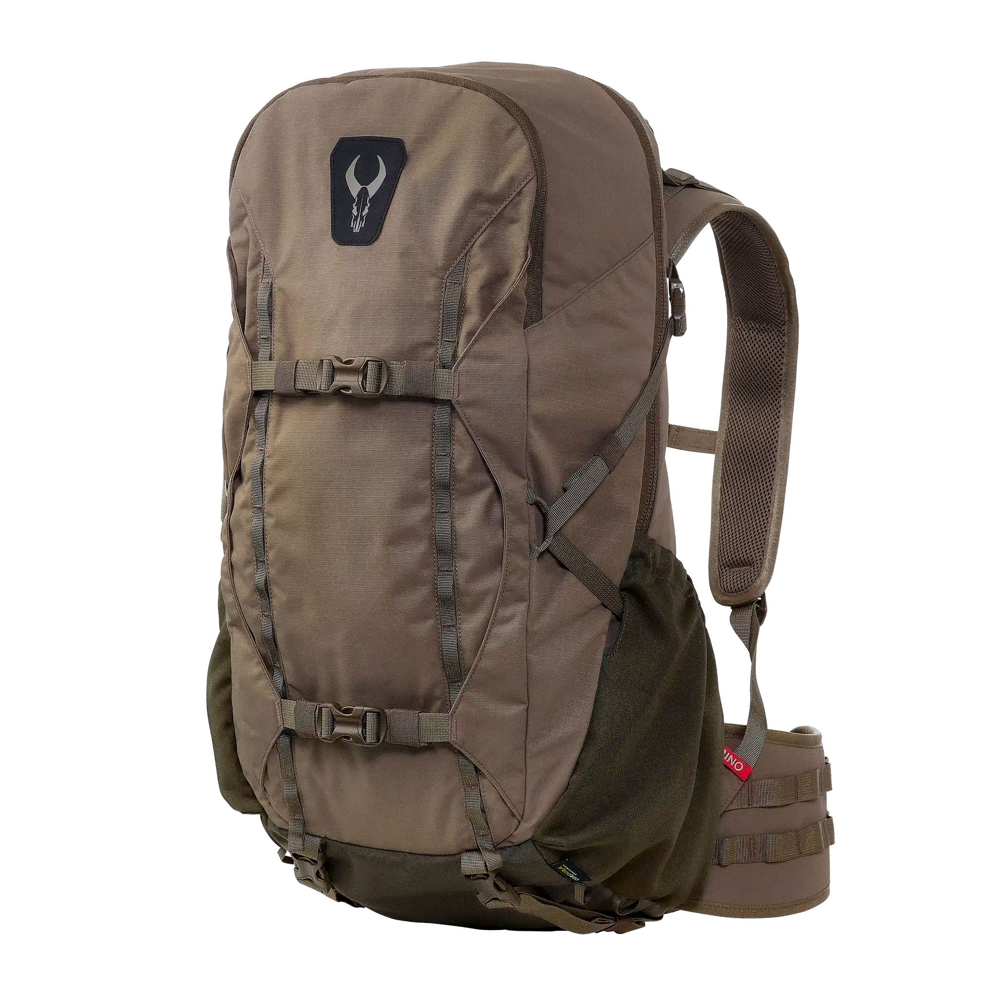 Brown hiking backpack with Moonrivers skull logo, adjustable straps, and padded shoulder support, shown on a white background.
