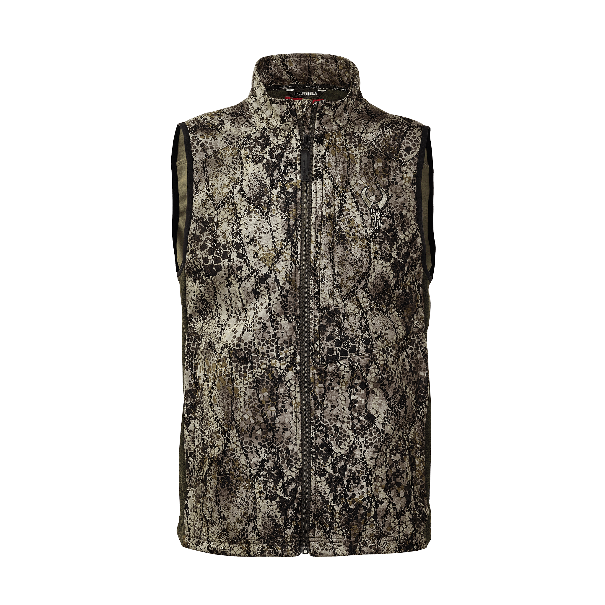 Sleeveless camo vest with front zipper and Moonrivers skull logo on chest; designed for outdoor or hunting use.