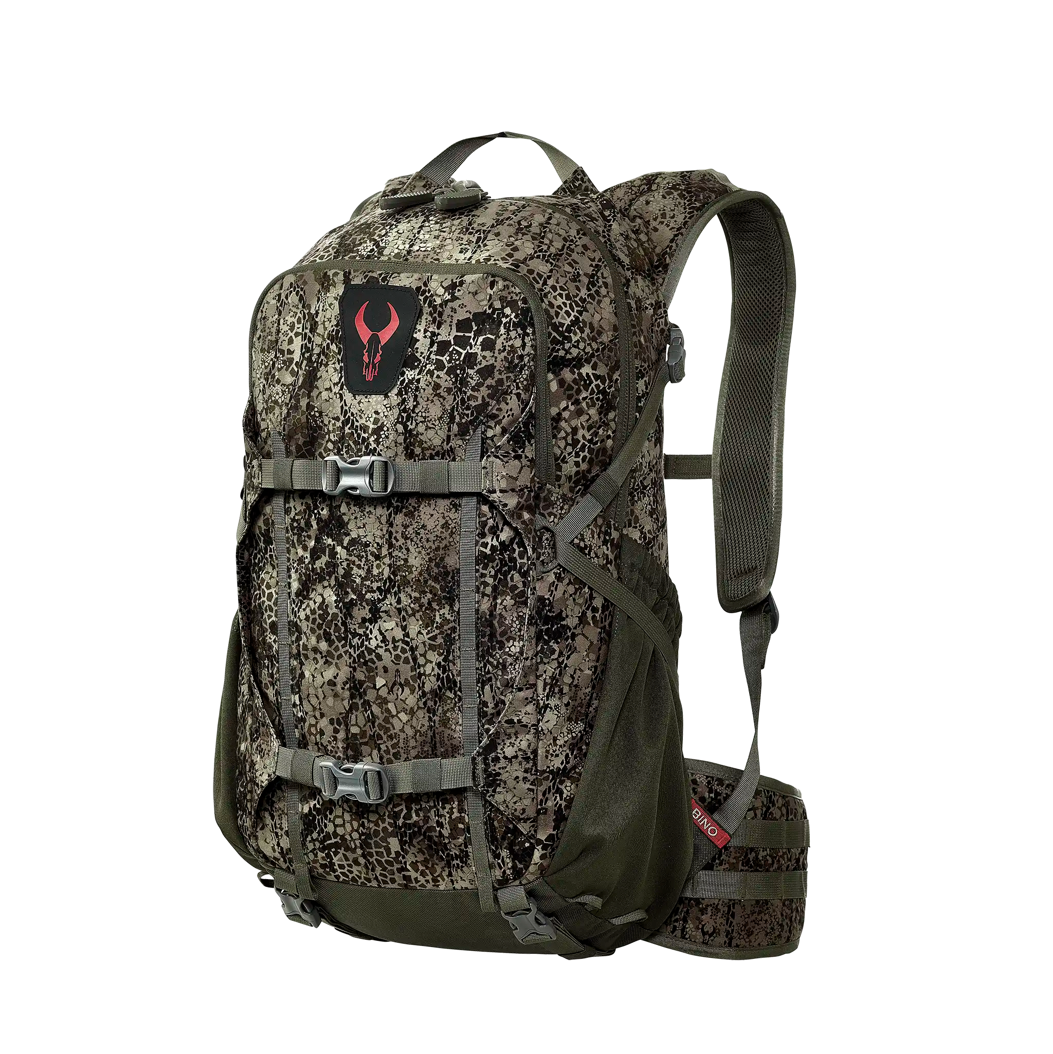 Camo hunting backpack with padded straps and Moonrivers skull logo, front buckles, and waist belt for support.