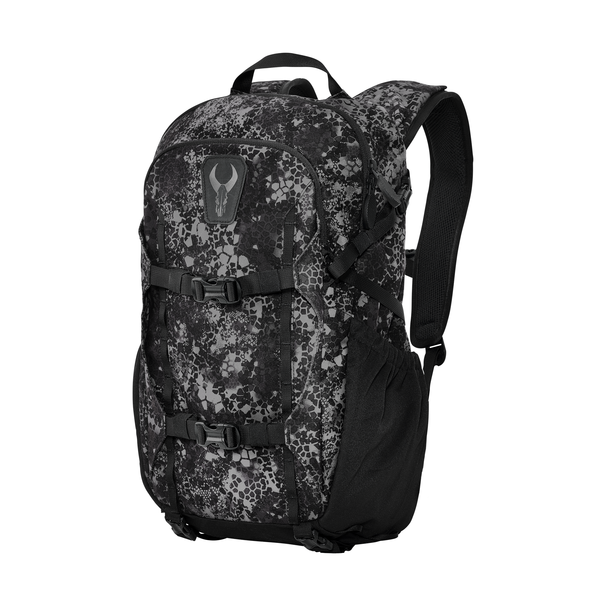 Black camo backpack with Moonrivers skull logo, adjustable straps, and side pockets, shown on a plain background.