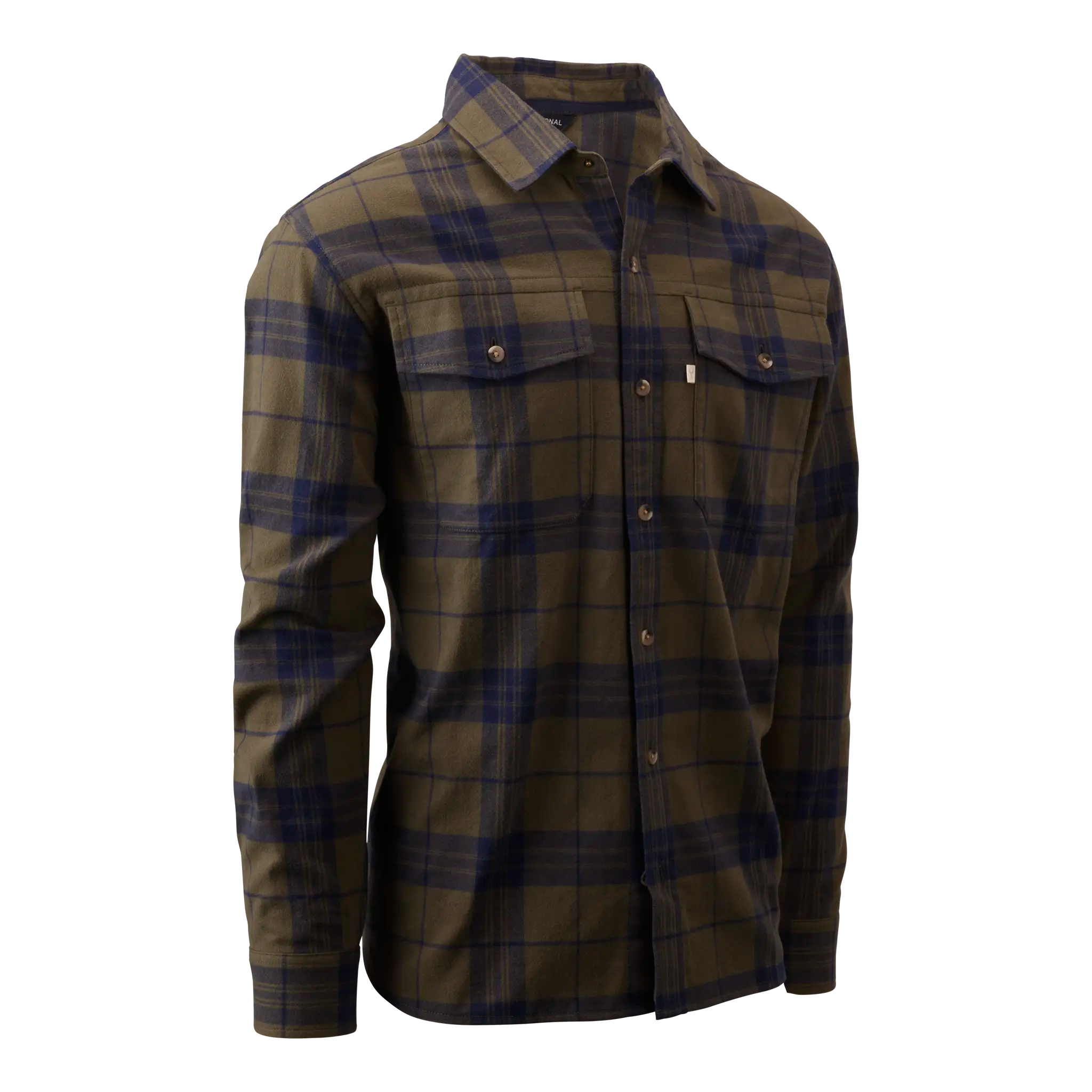 Olive and navy plaid Moonrivers shirt with long sleeves, button front, chest pockets, and subtle skull logo tag.