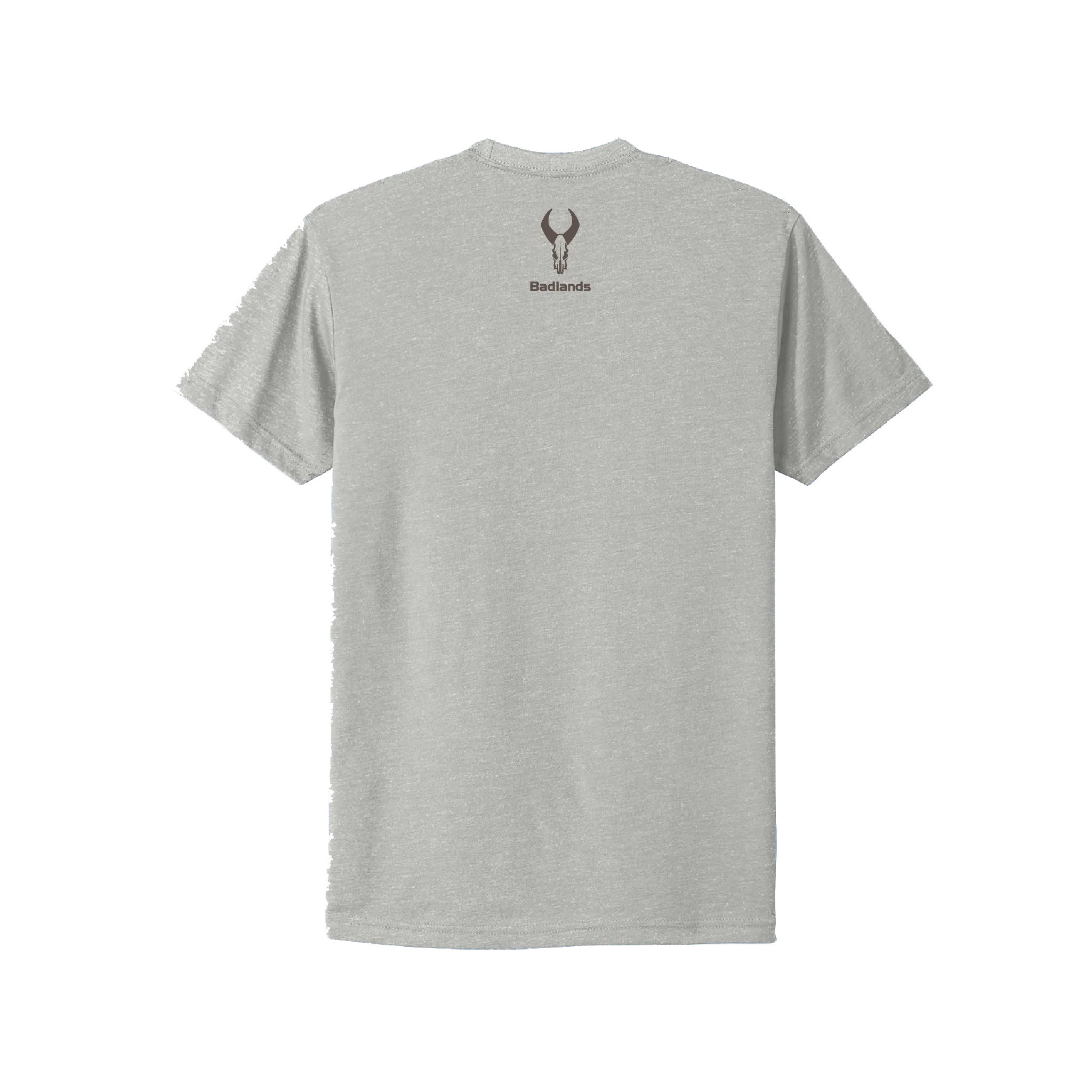 Gray T-shirt with Moonrivers skull logo and "Badlands" text centered on the upper back.