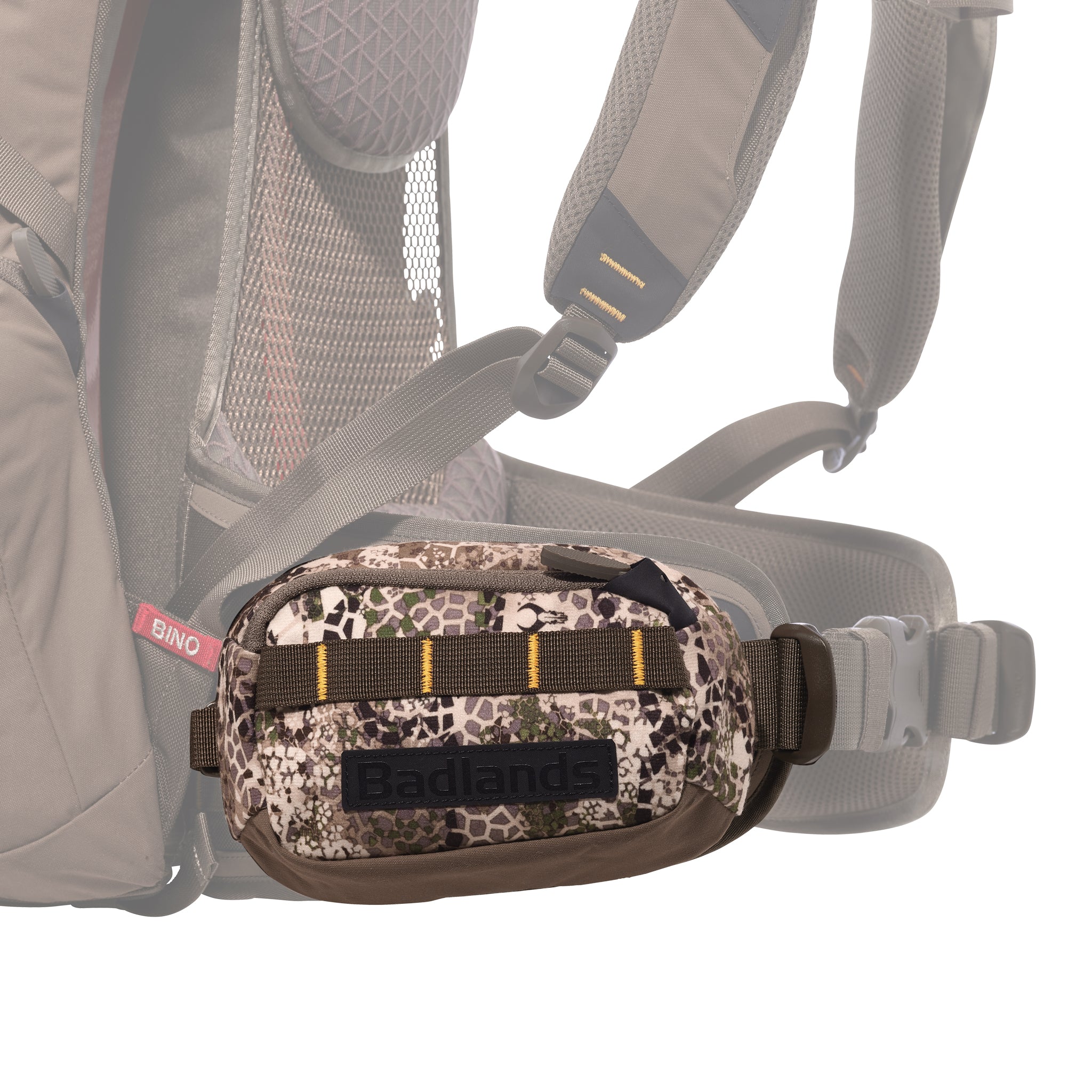 Camouflage Moonrivers waist pouch attached to a backpack hip belt, featuring a black Moonrivers logo patch.