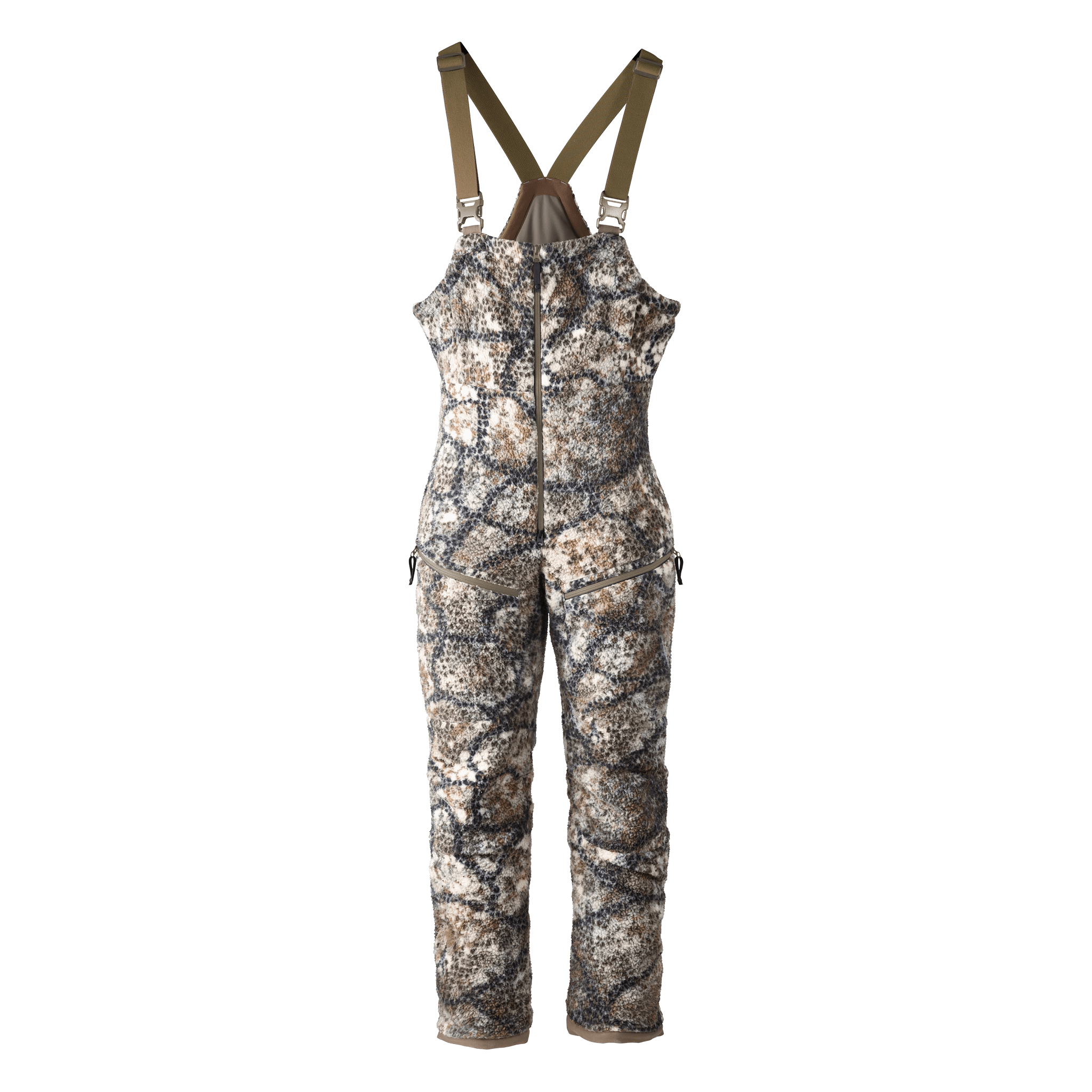 Moonrivers camo hunting bib with front zipper and logo skull on chest; adjustable straps for comfort and fit.