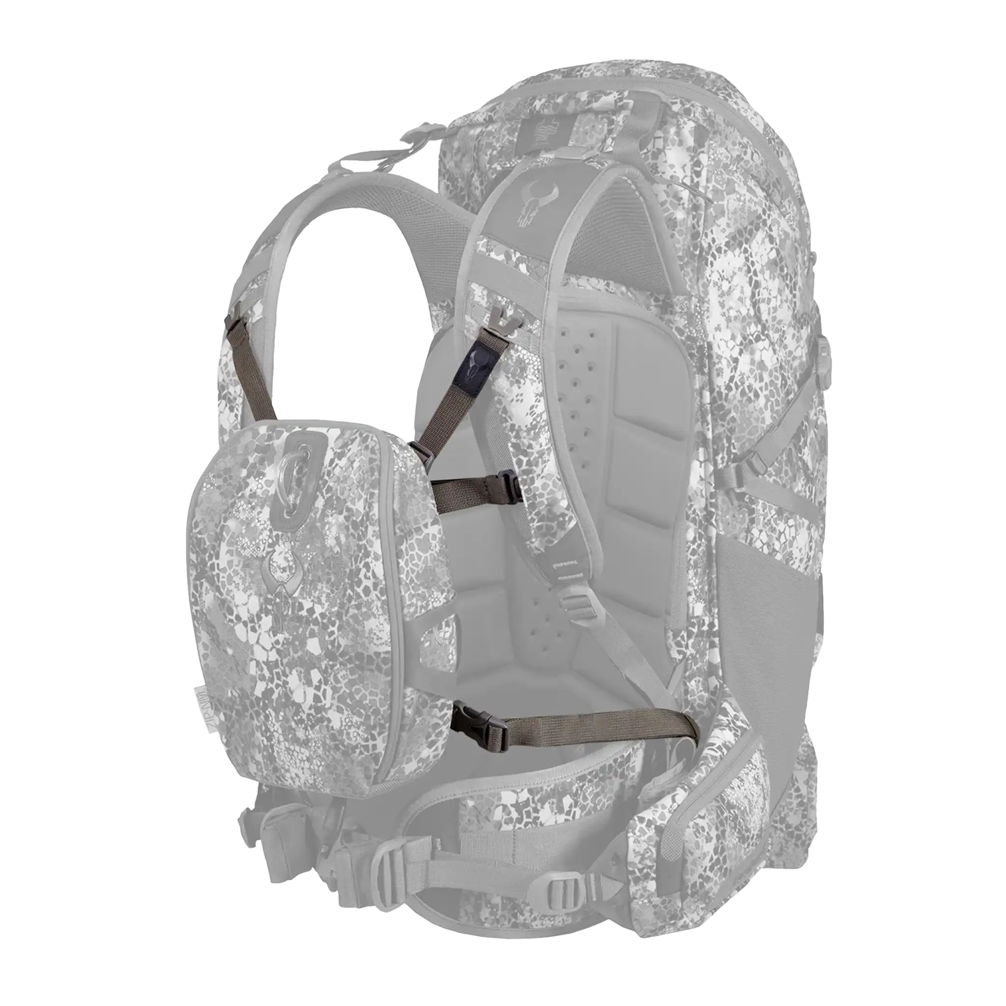 Camouflage-patterned Moonrivers backpack with visible skull logo, adjustable straps, and padded back support.
