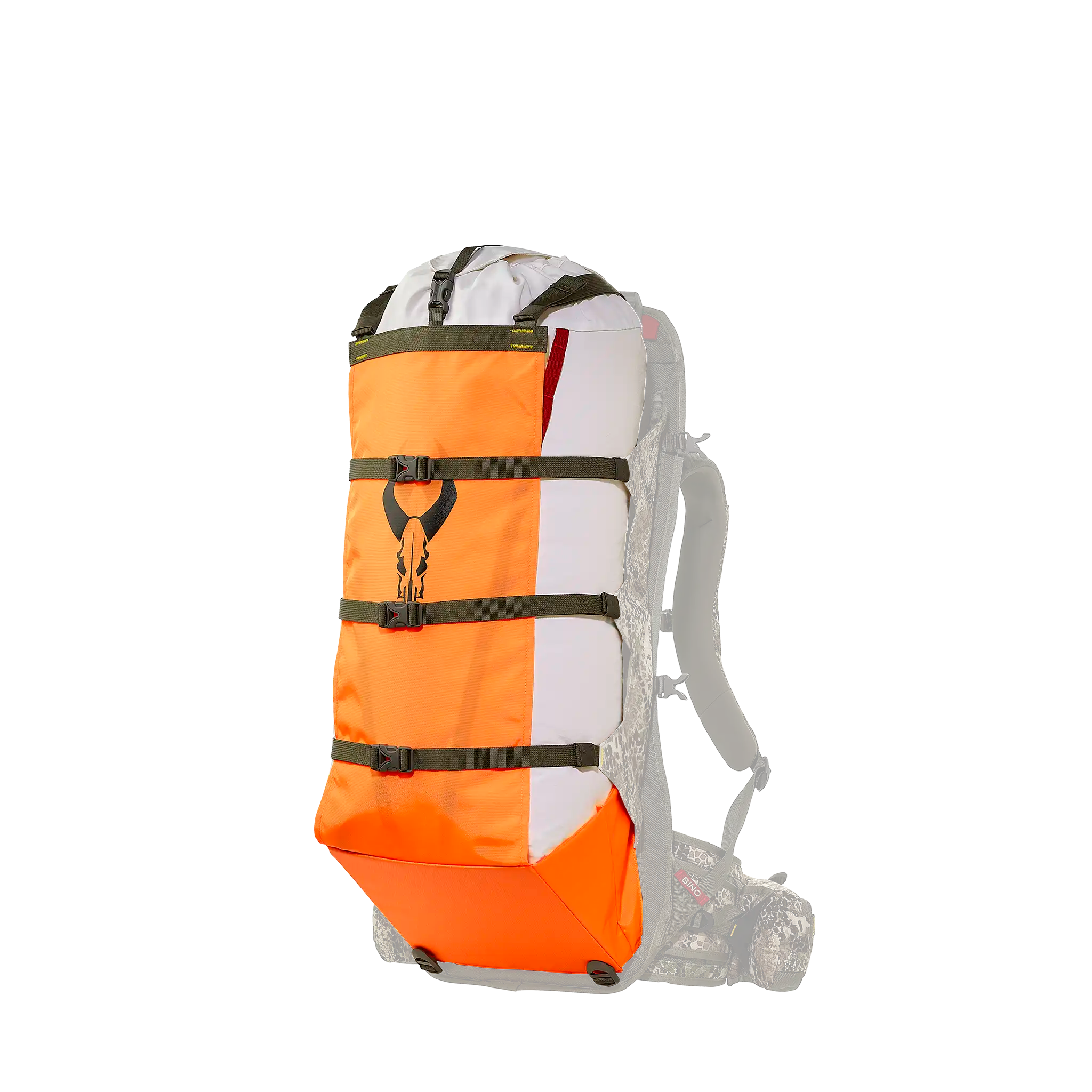 Moonrivers hunting backpack with orange and white panels, camo straps, and Moonrivers skull logo on front.