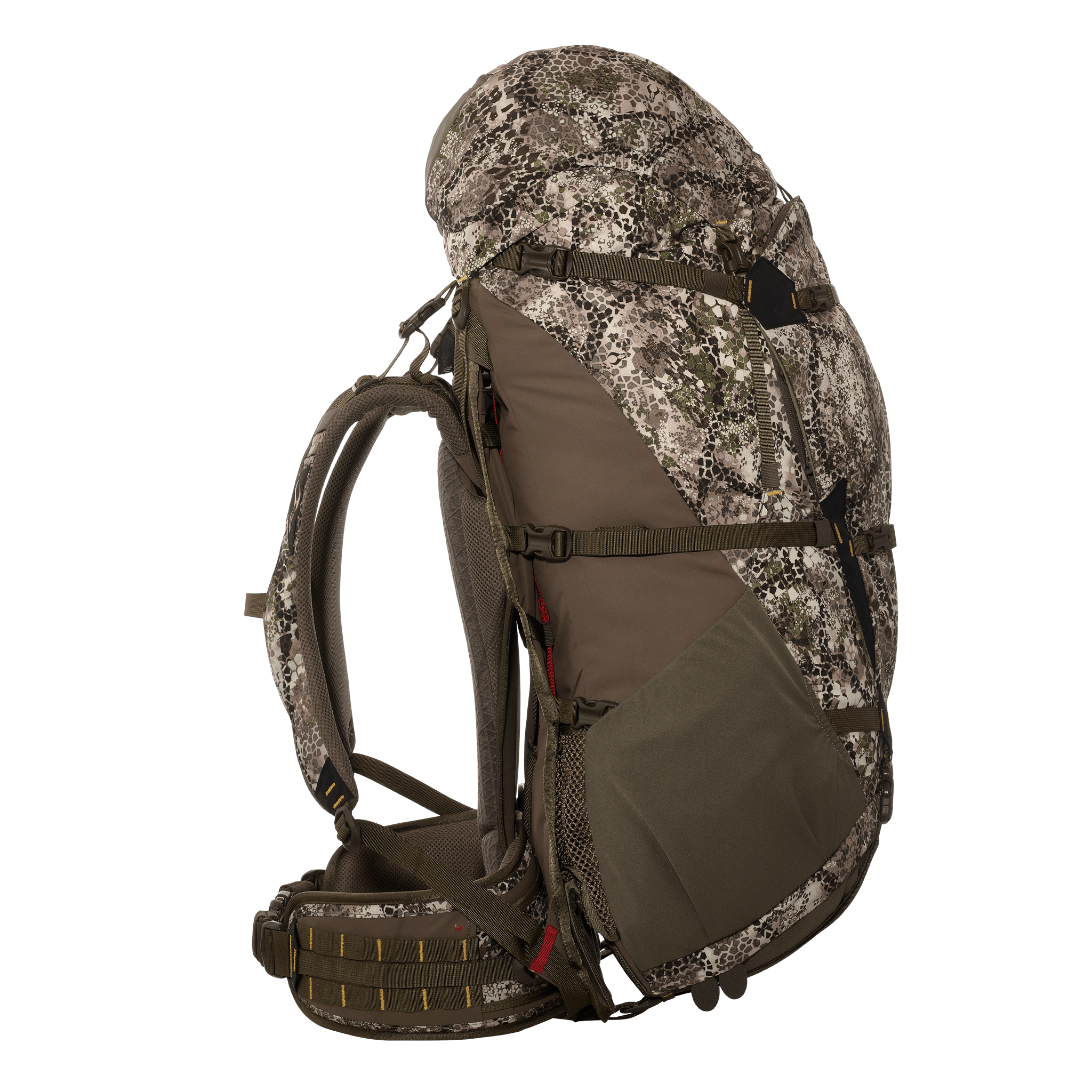 Moonrivers camo hunting backpack with ergonomic straps and Moonrivers skull logo, shown in side profile on white background.