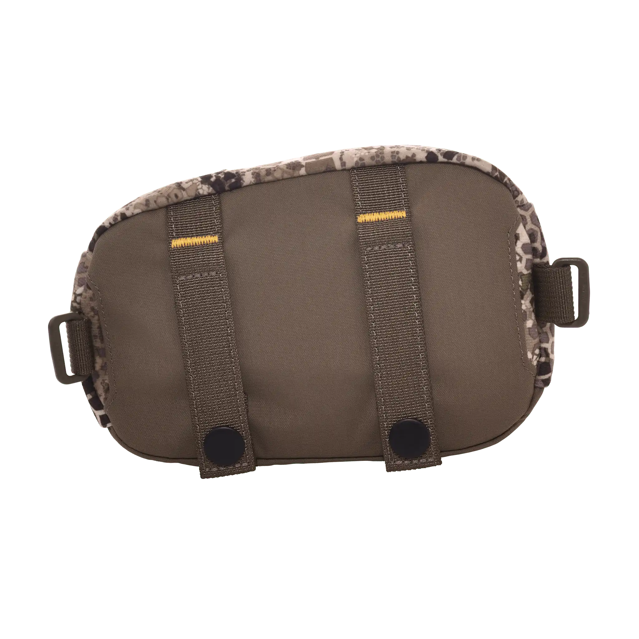 Small camouflage pouch with two vertical straps and side loops, designed for outdoor gear attachment.