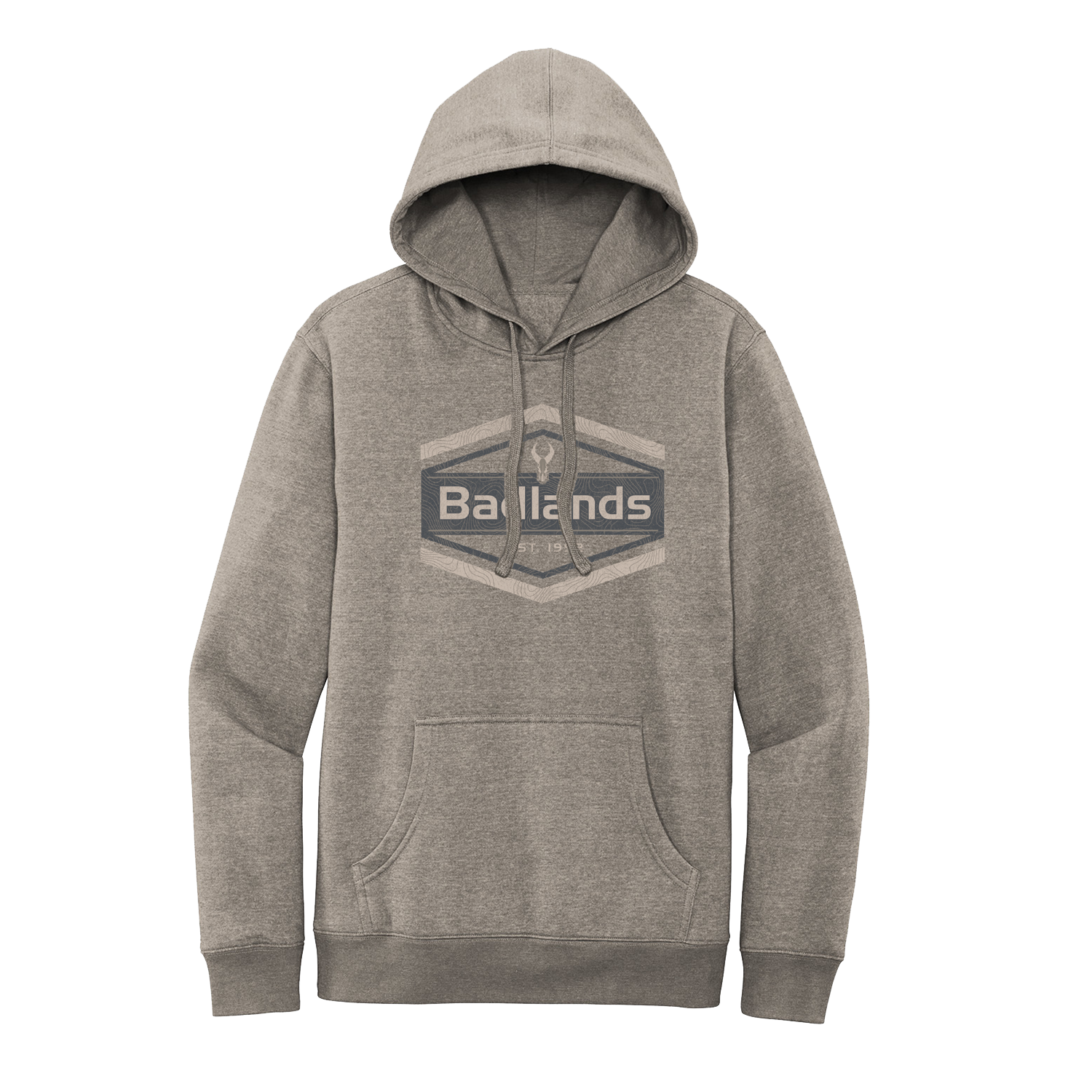 Gray hoodie with front pocket, featuring the Moonrivers Logo and "Badlands" text on the chest.