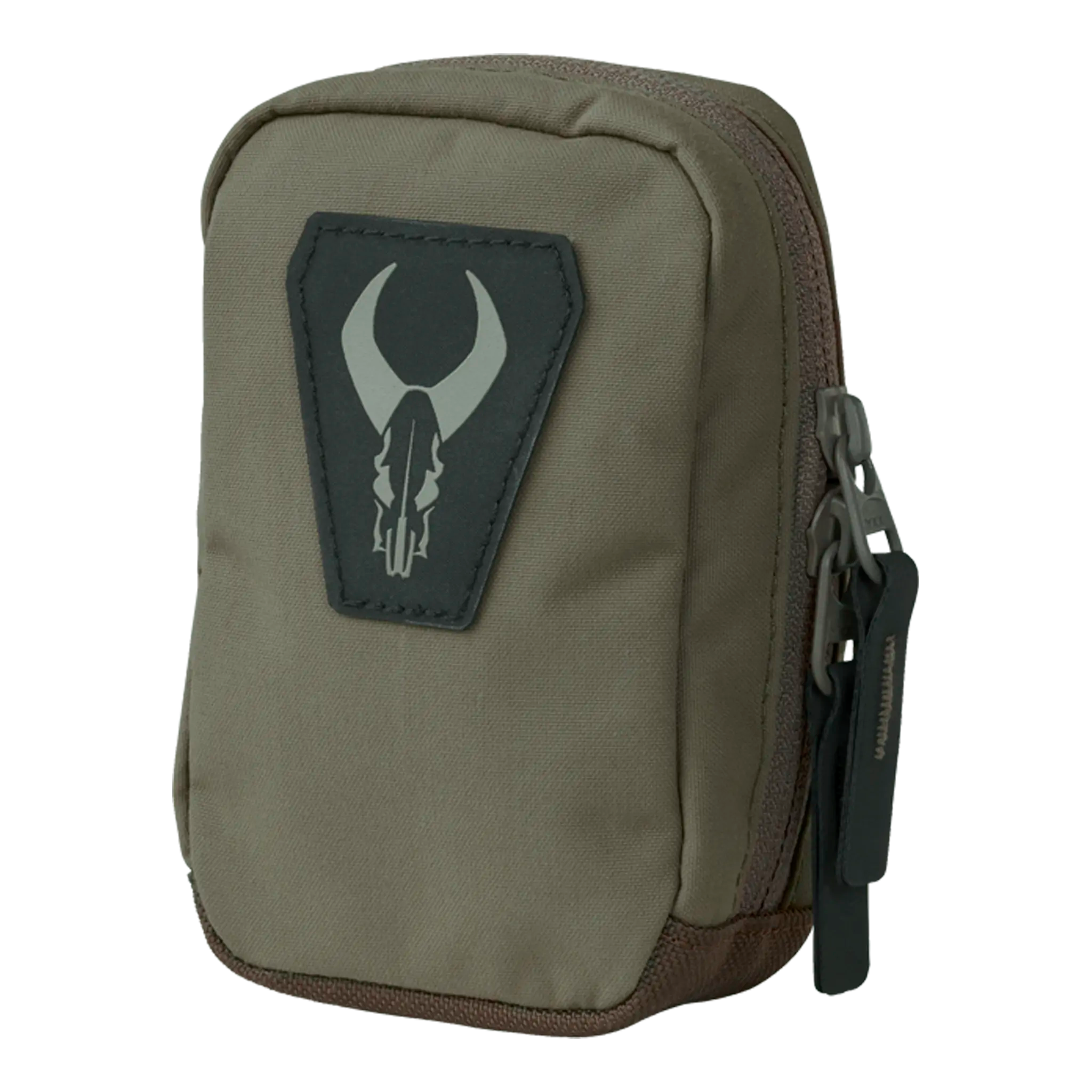 Small khaki pouch with zipper and Moonrivers skull logo patch on front, suitable for carrying essentials.