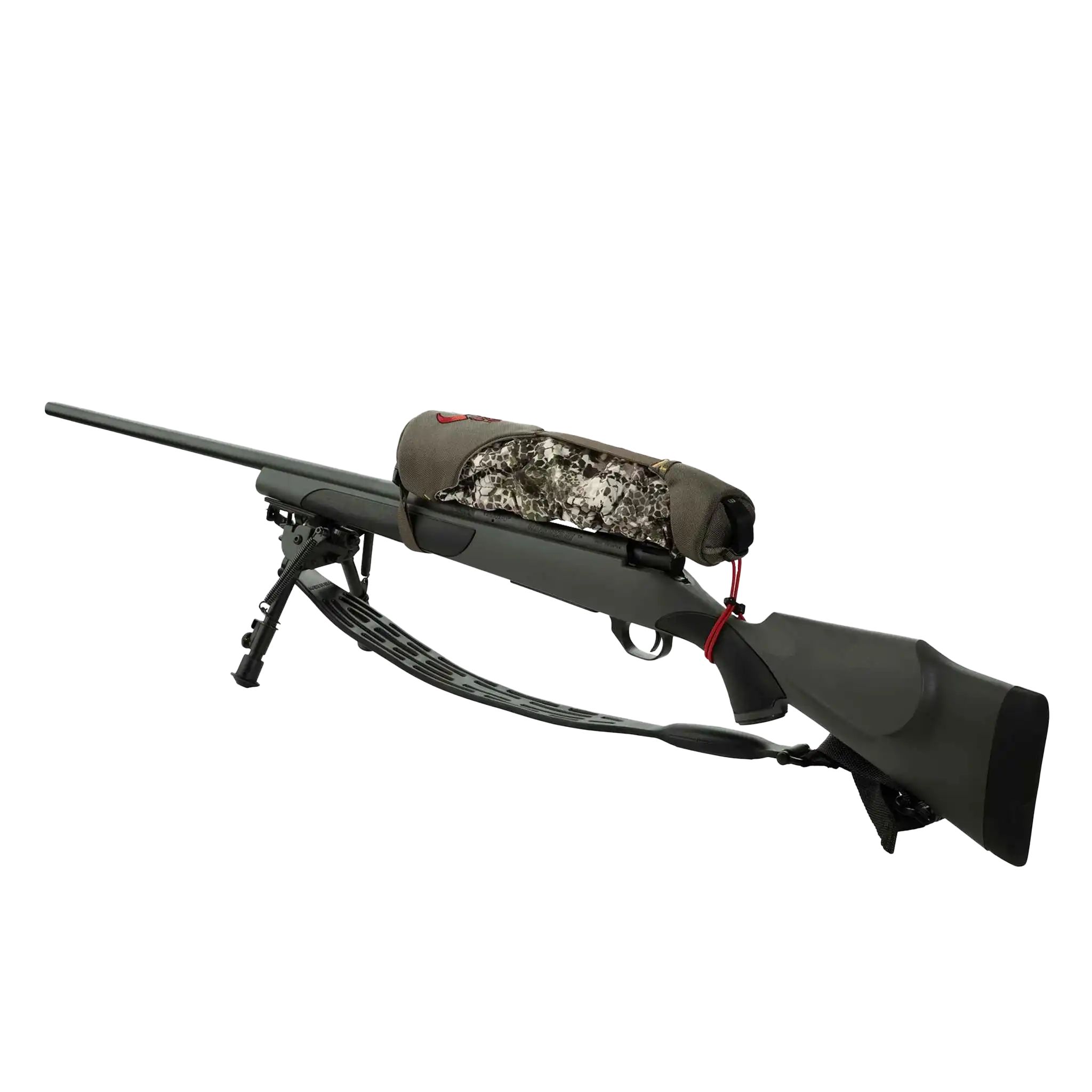 Bolt-action rifle with bipod and camo Moonrivers Logo cheek rest, shown on a white background.