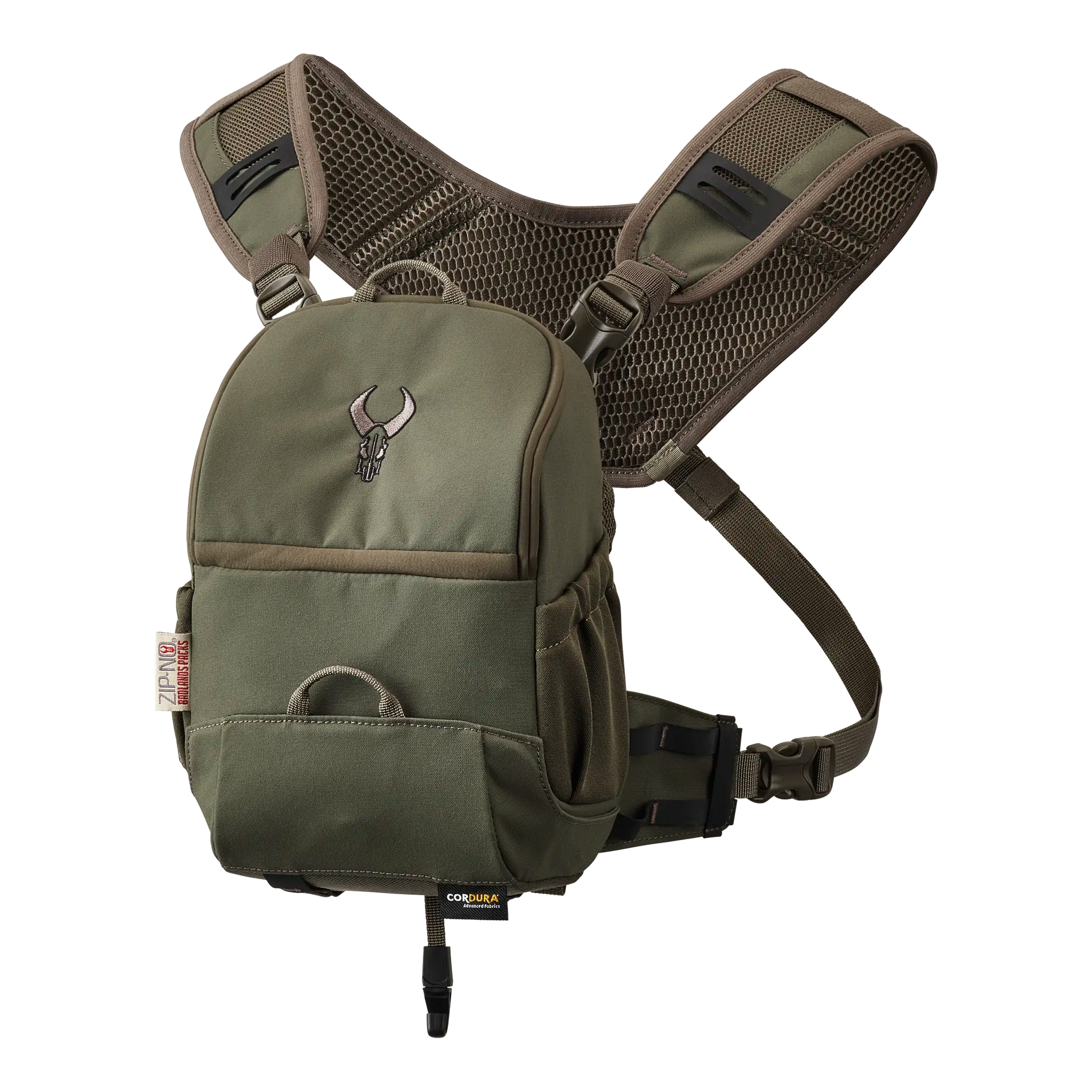 Olive green chest pack with mesh straps and Moonrivers skull logo, designed for outdoor or hunting use.