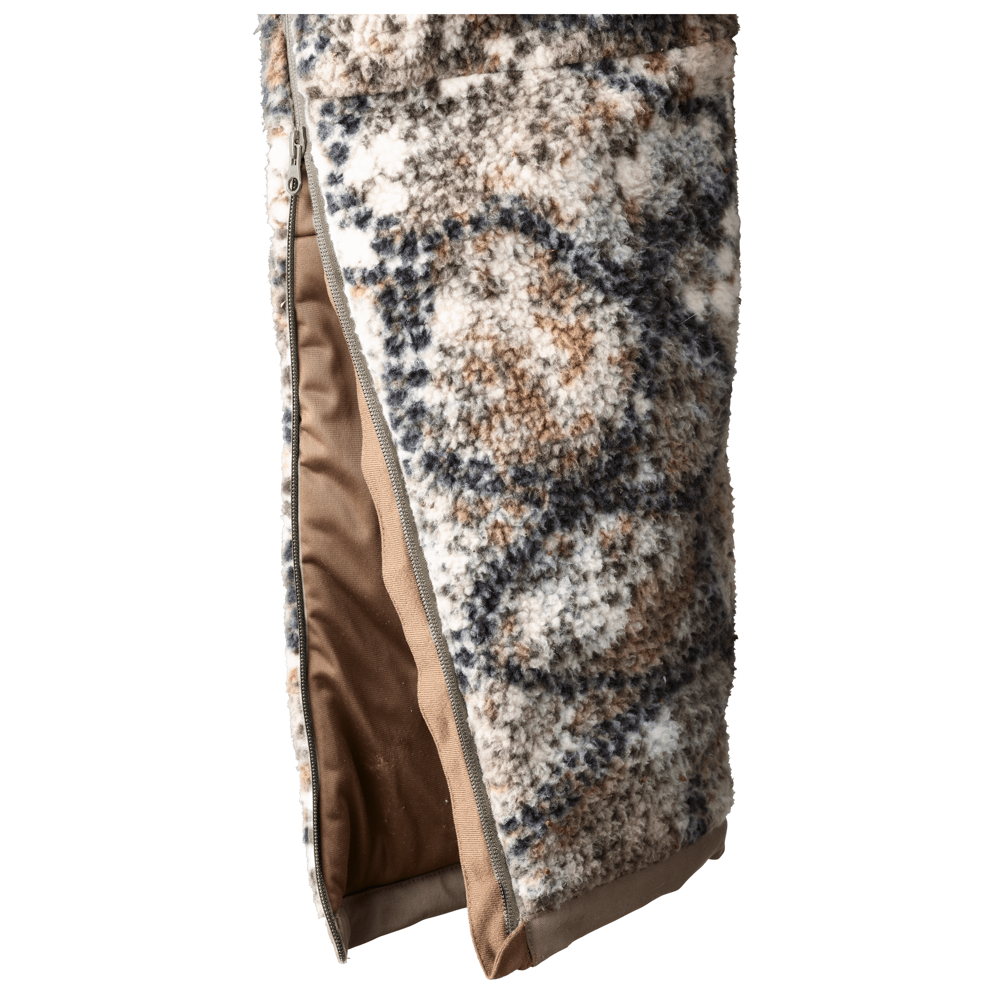 Moonrivers fleece-lined, zippered pouch in camo pattern, used for gear protection; features the Moonrivers skull logo.