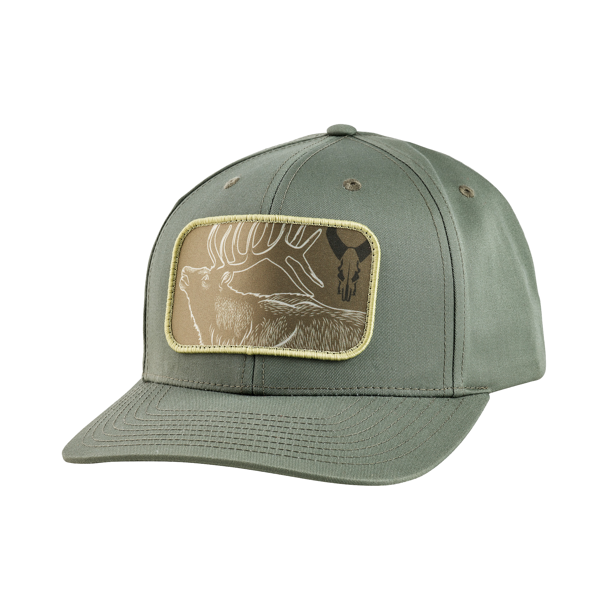 Olive cap with elk and Moonrivers Logo patch on front; structured design, curved brim, and ventilation eyelets.