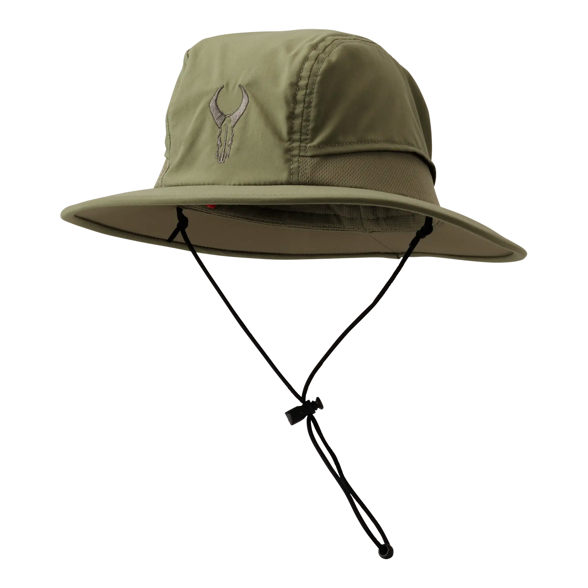 Tan sun hat with chin strap and embroidered Moonrivers skull logo on front. Wide brim provides shade and ventilation.