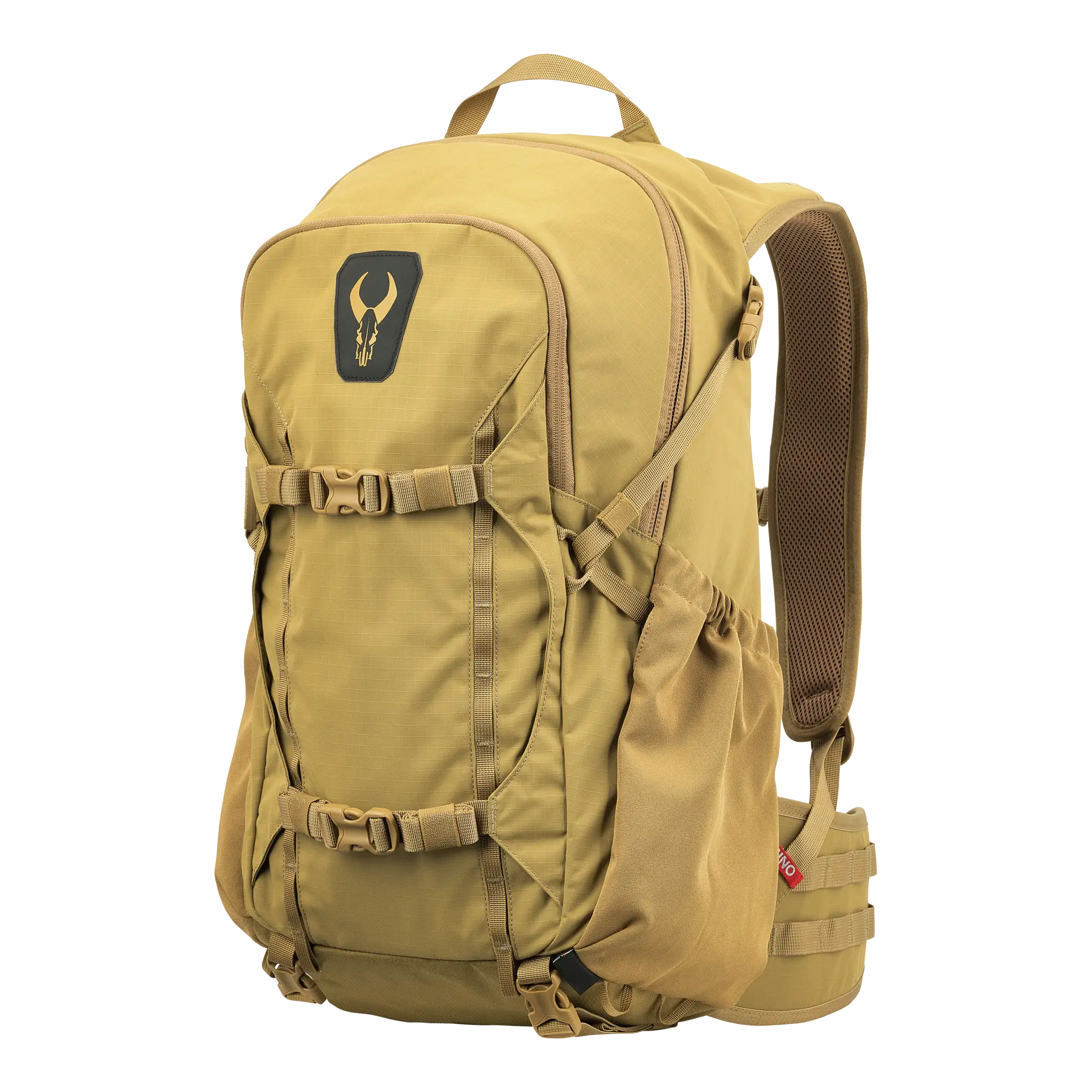 Tan backpack with padded straps, side pockets, and Moonrivers skull logo on the front; suitable for outdoor use.
