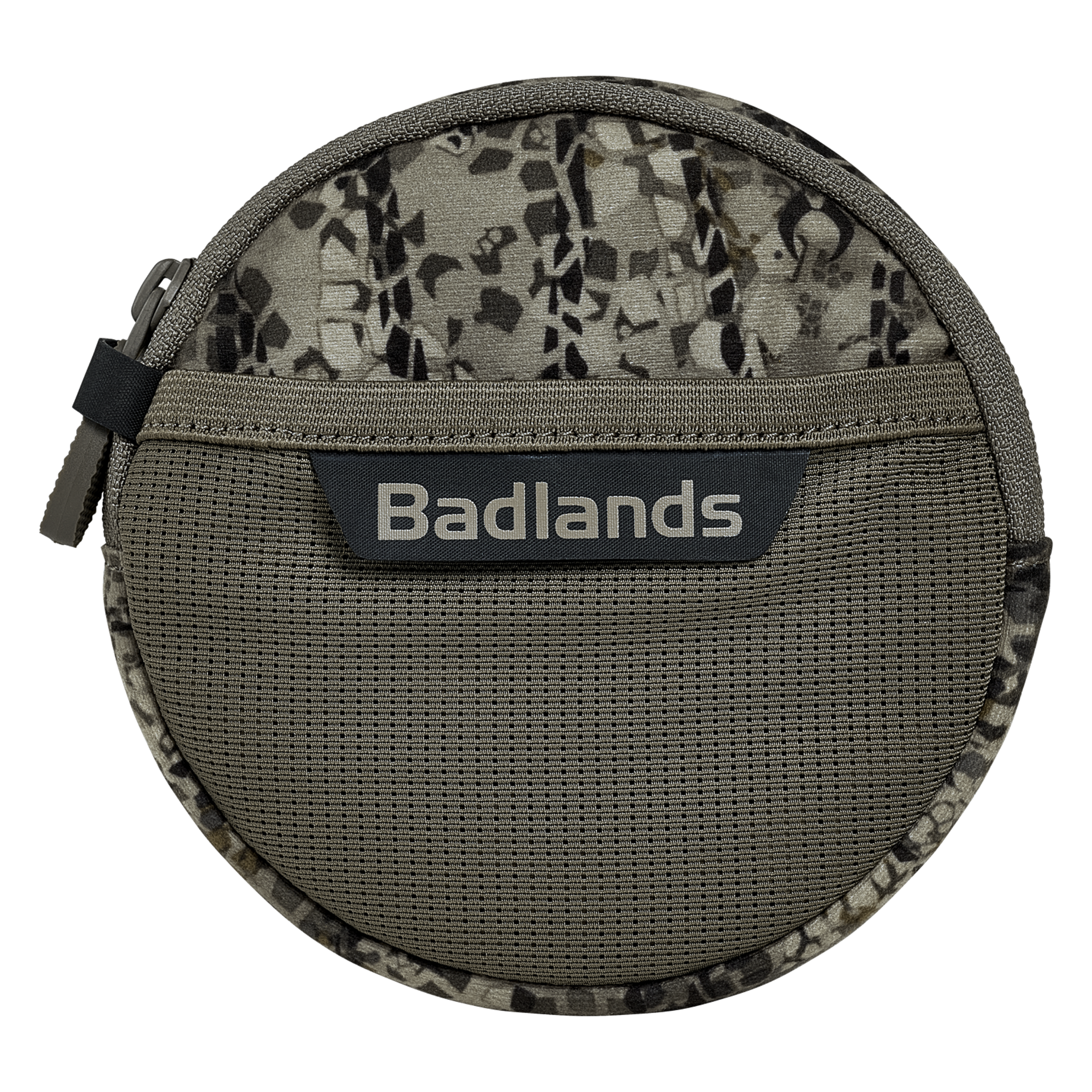 Round camo pouch with zipper and Moonrivers logo, designed for outdoor gear storage. Easy-grip textured fabric.