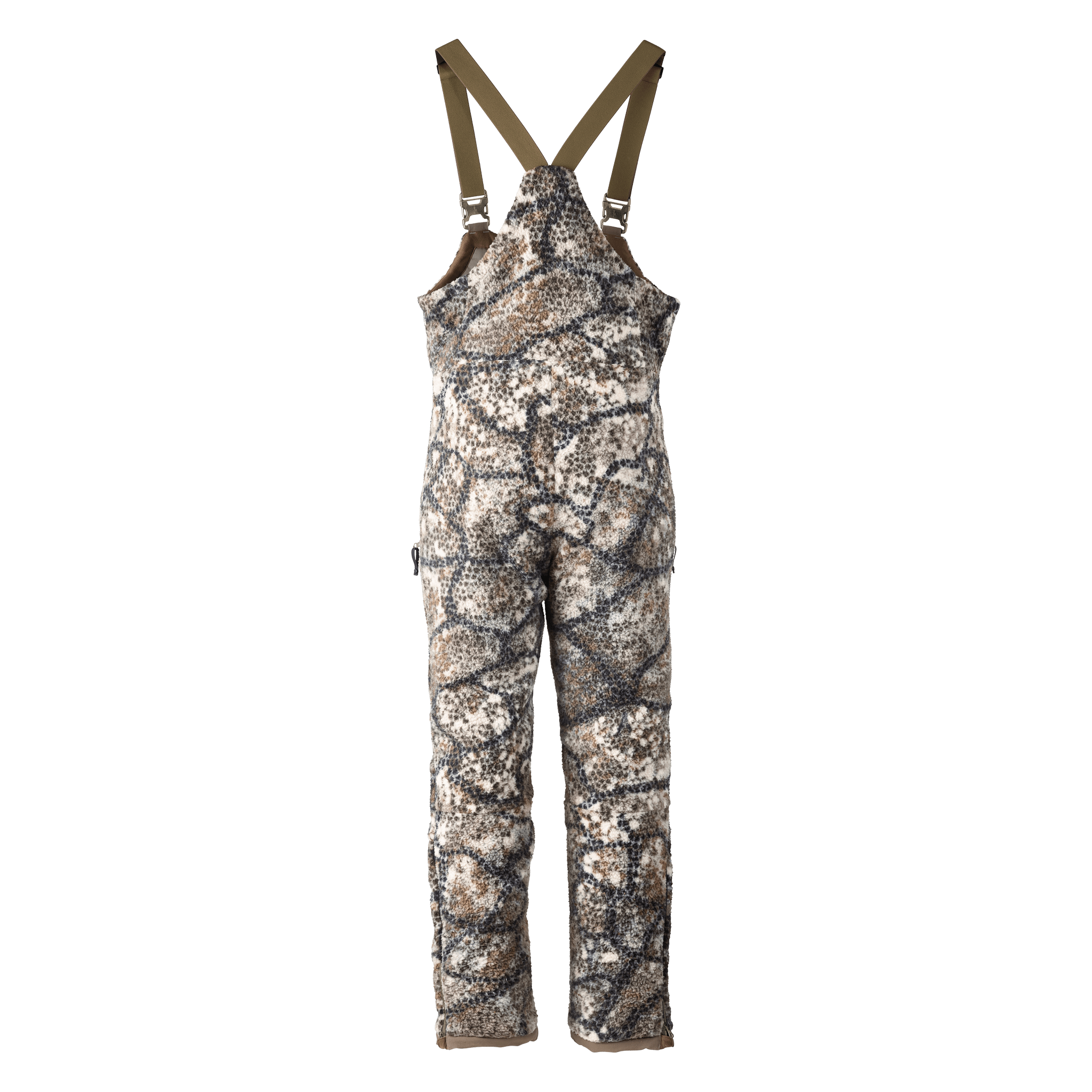 Moonrivers camo hunting bib with suspenders; features the Moonrivers skull logo for brand identification.