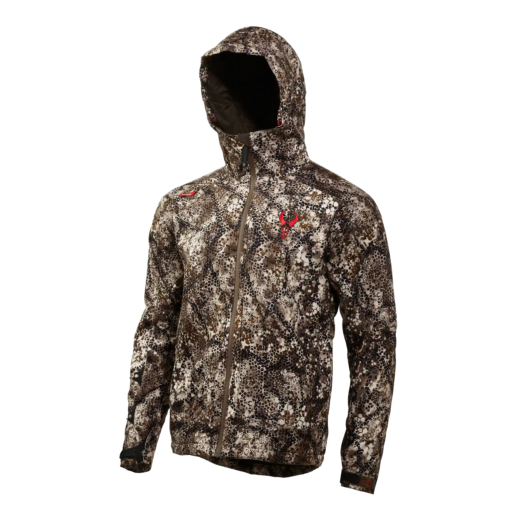 Moonrivers camo jacket with hood, zip front, and red skull logo on chest. Designed for outdoor and hunting use.