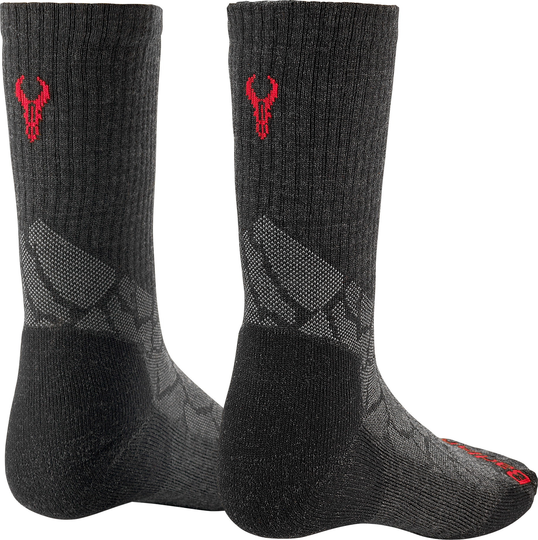 Two black socks with gray accents and a red Moonrivers skull logo on the back, displayed upright against a white background.