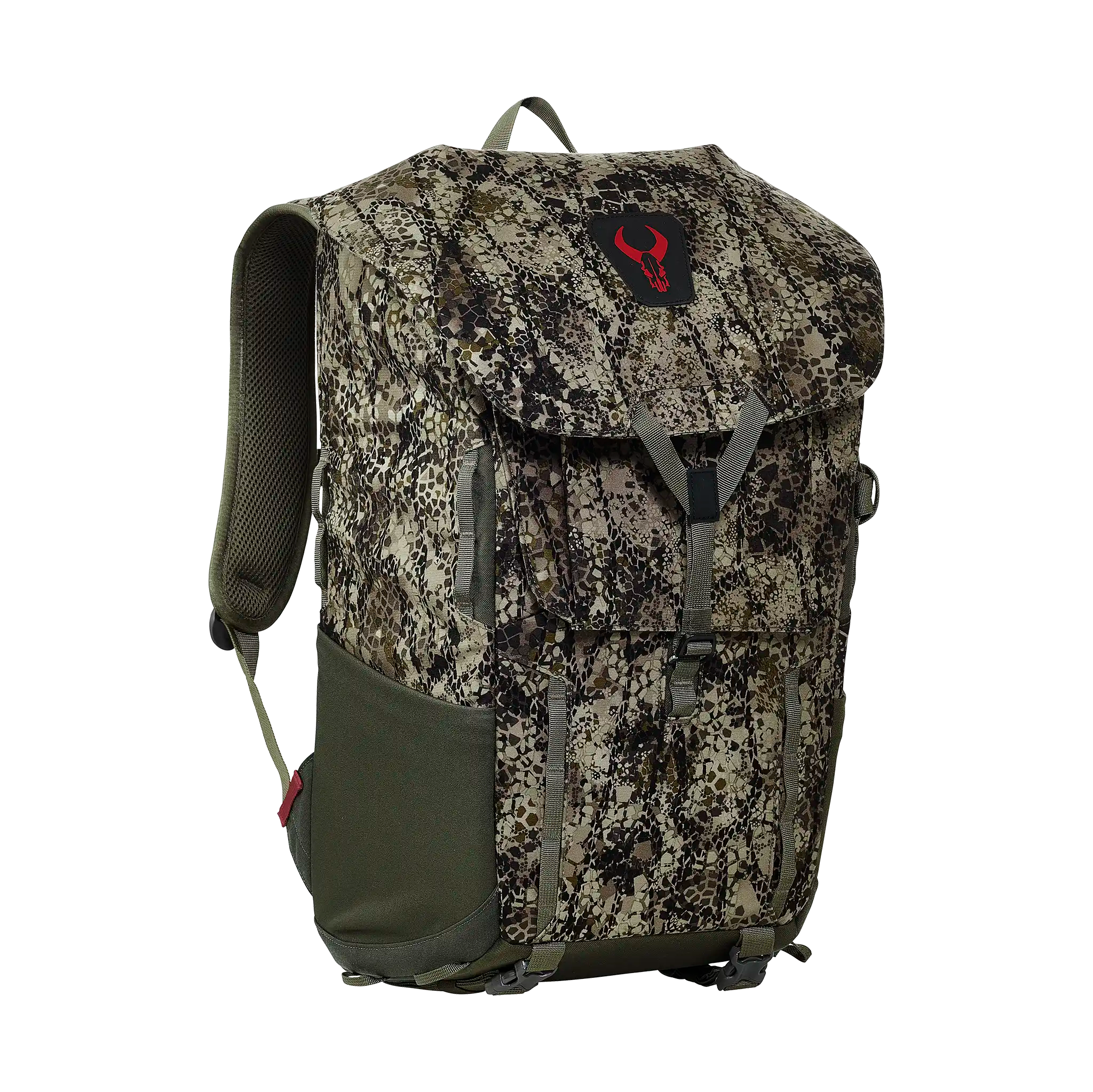 Camo backpack with padded straps and Moonrivers skull logo on top flap; front buckle closure and side pockets.