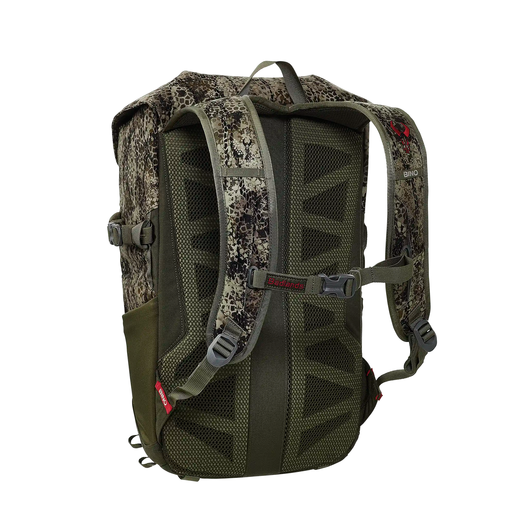 Camo backpack with padded straps, mesh back, and Moonrivers Logo on the right strap.
