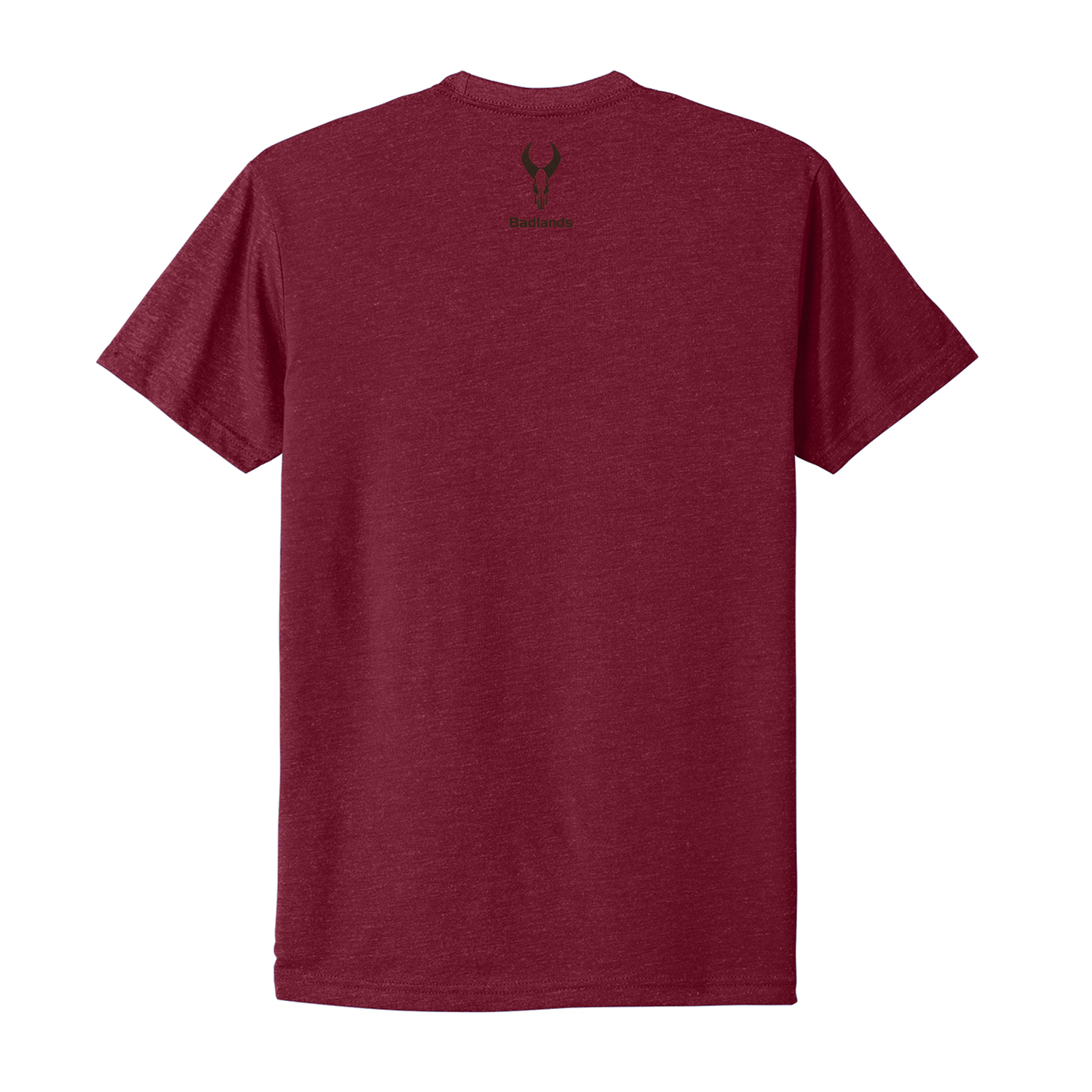 Maroon t-shirt with the Moonrivers skull logo and "Badlands" text printed on the upper back.