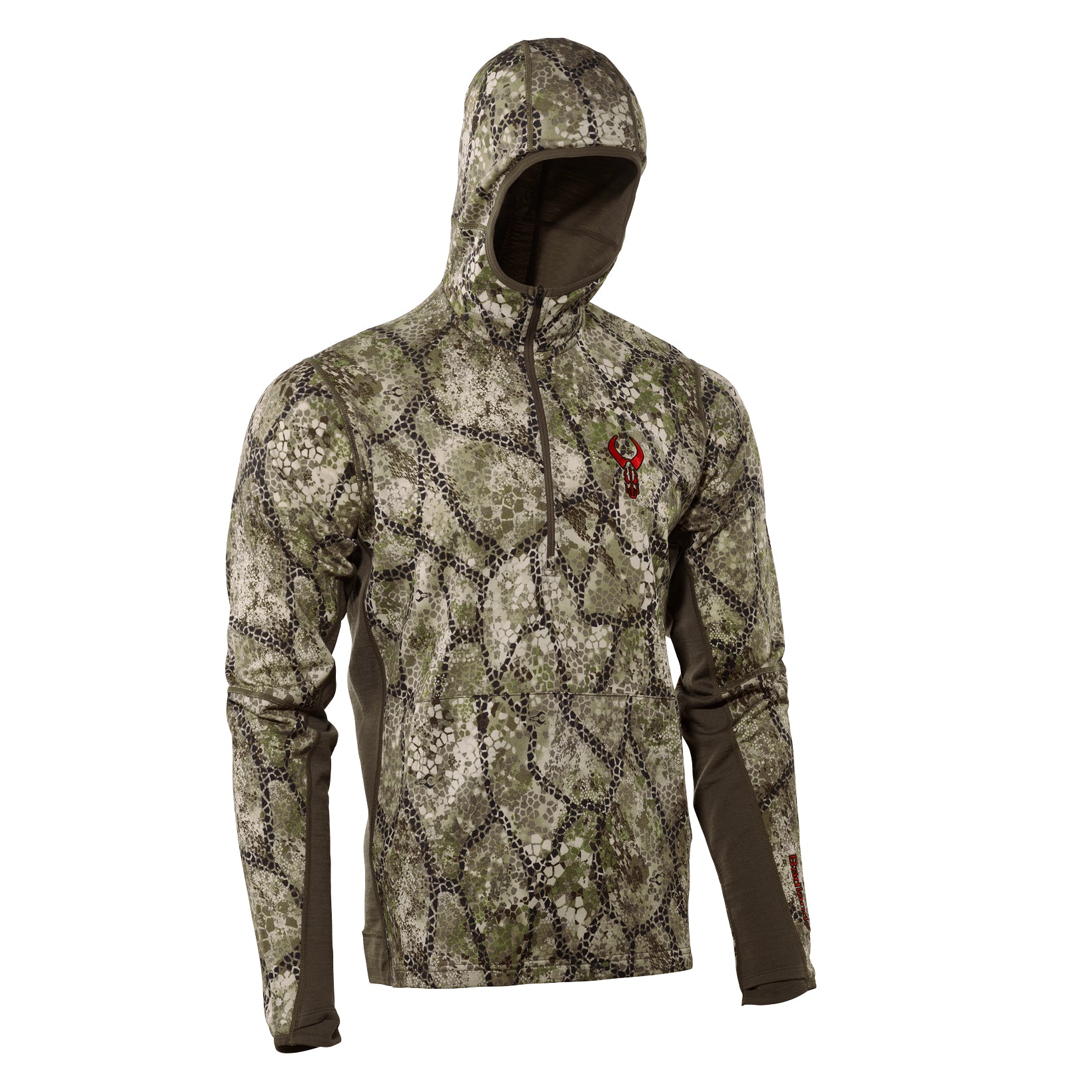 Moonrivers camo hoodie with red skull logo on chest, designed for outdoor and hunting use.