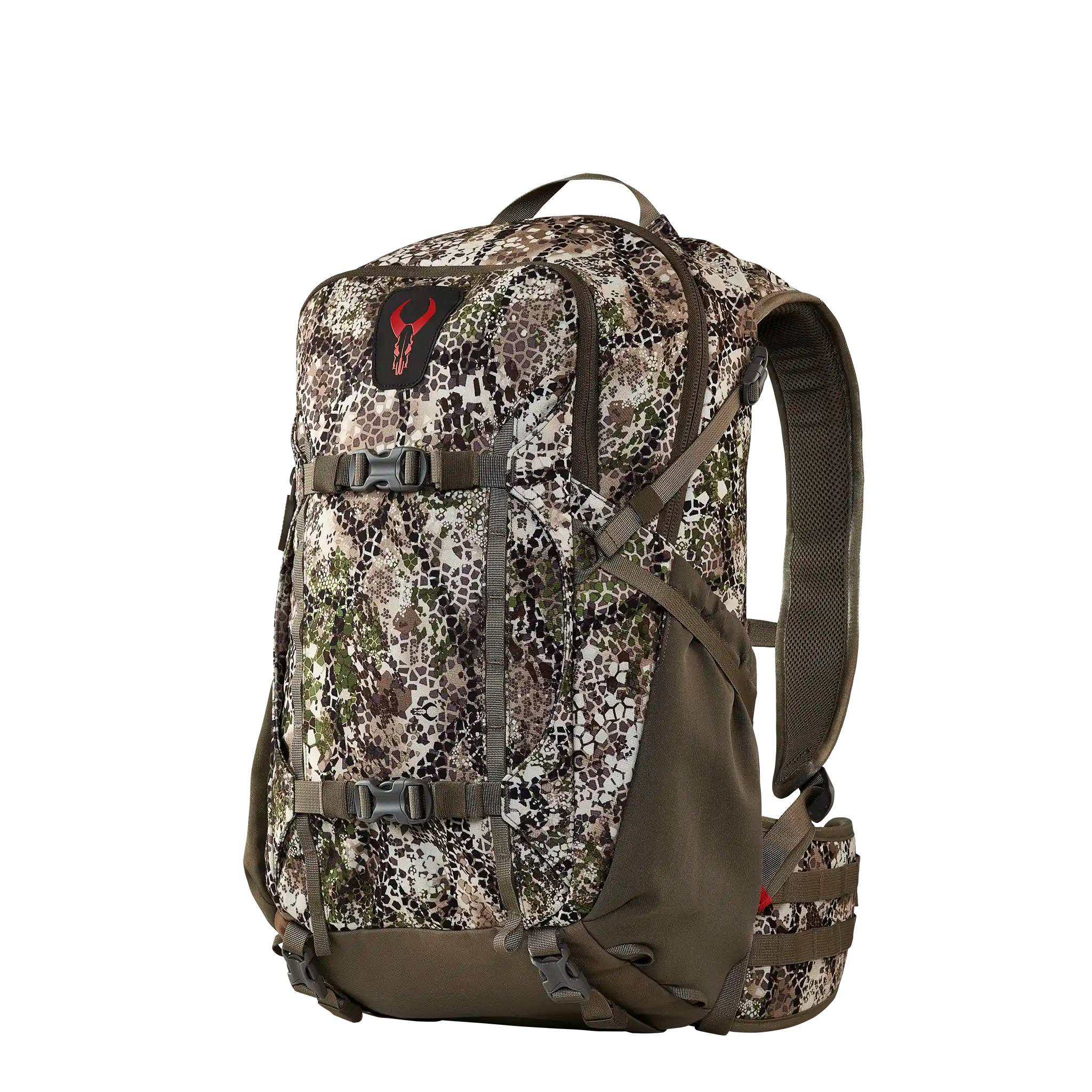 Camo hunting backpack with Moonrivers skull logo, adjustable straps, and multiple compartments for outdoor gear.