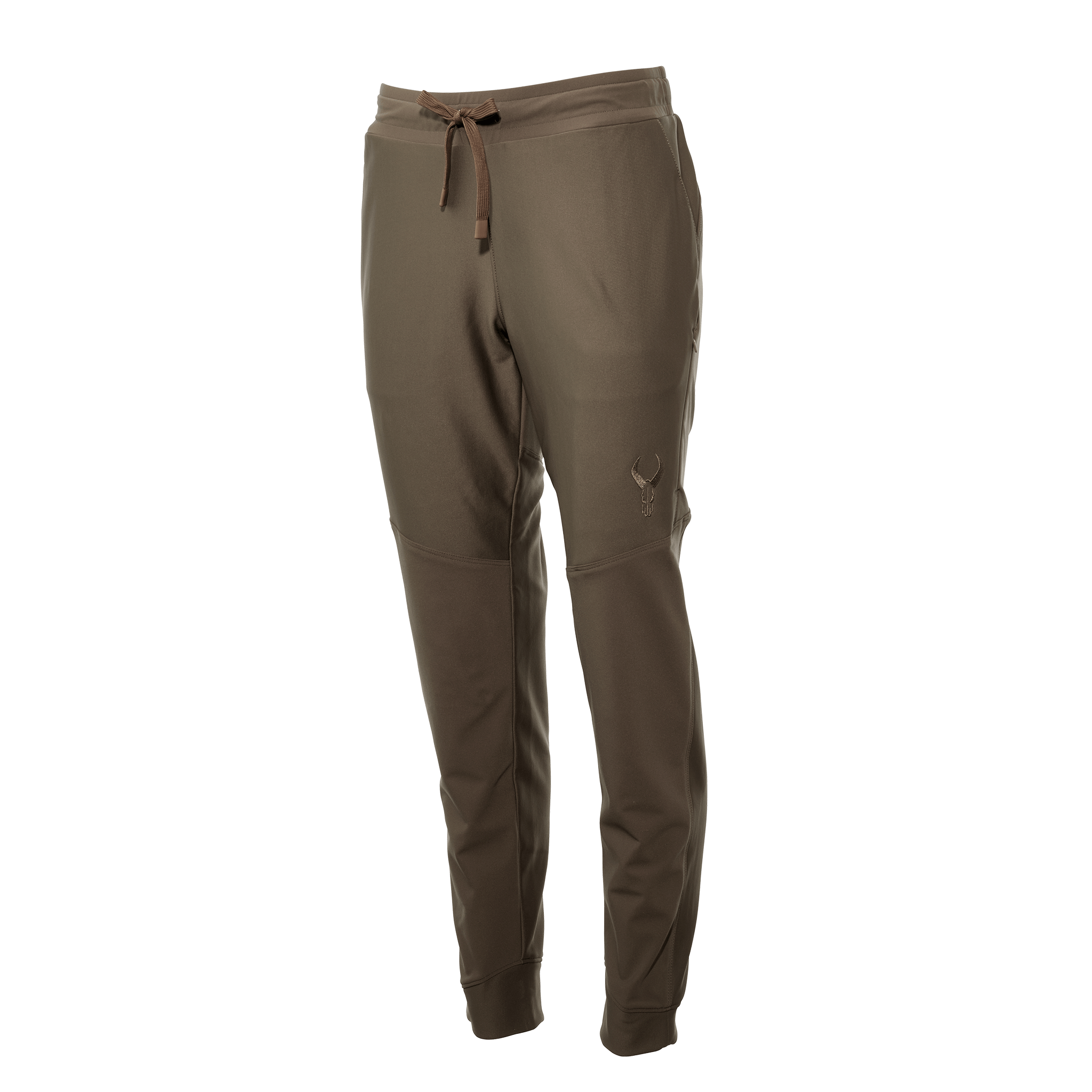 Brown Moonrivers jogger pants with drawstring waist and skull logo on left thigh. Accessible, comfortable outdoor wear.