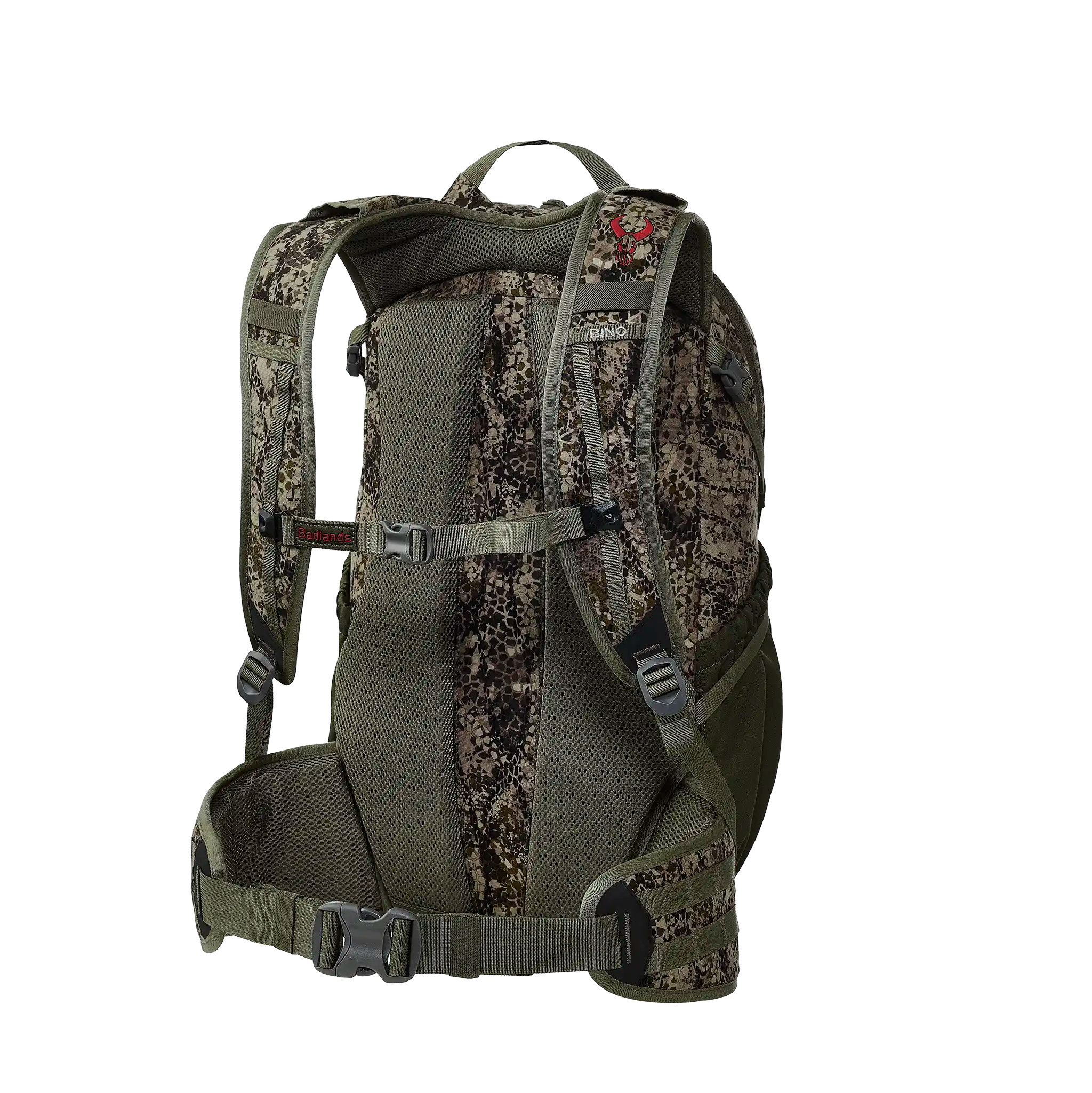 Camo backpack with padded straps, sternum and waist belts, and Moonrivers skull logo on the shoulder strap.