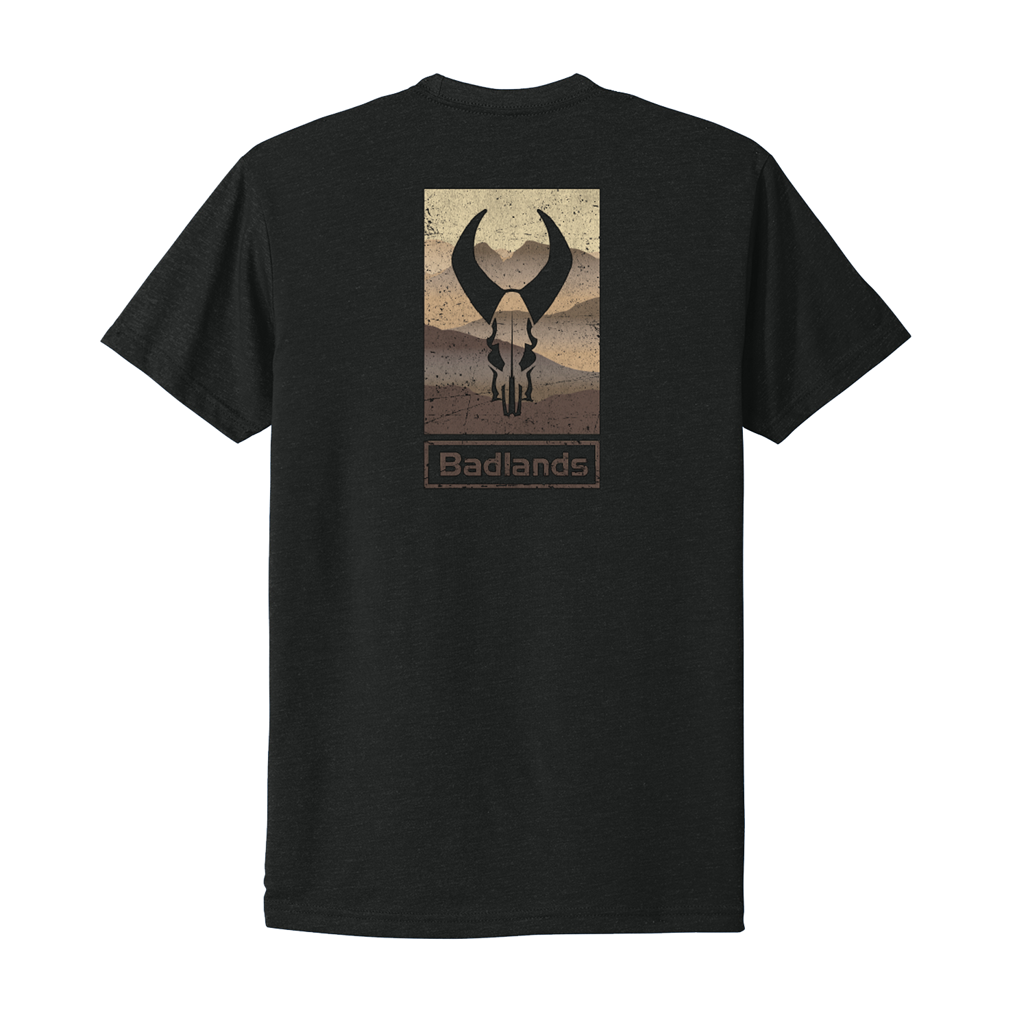Black t-shirt with Moonrivers skull logo and mountain graphic on the back; "Badlands" text below the logo.