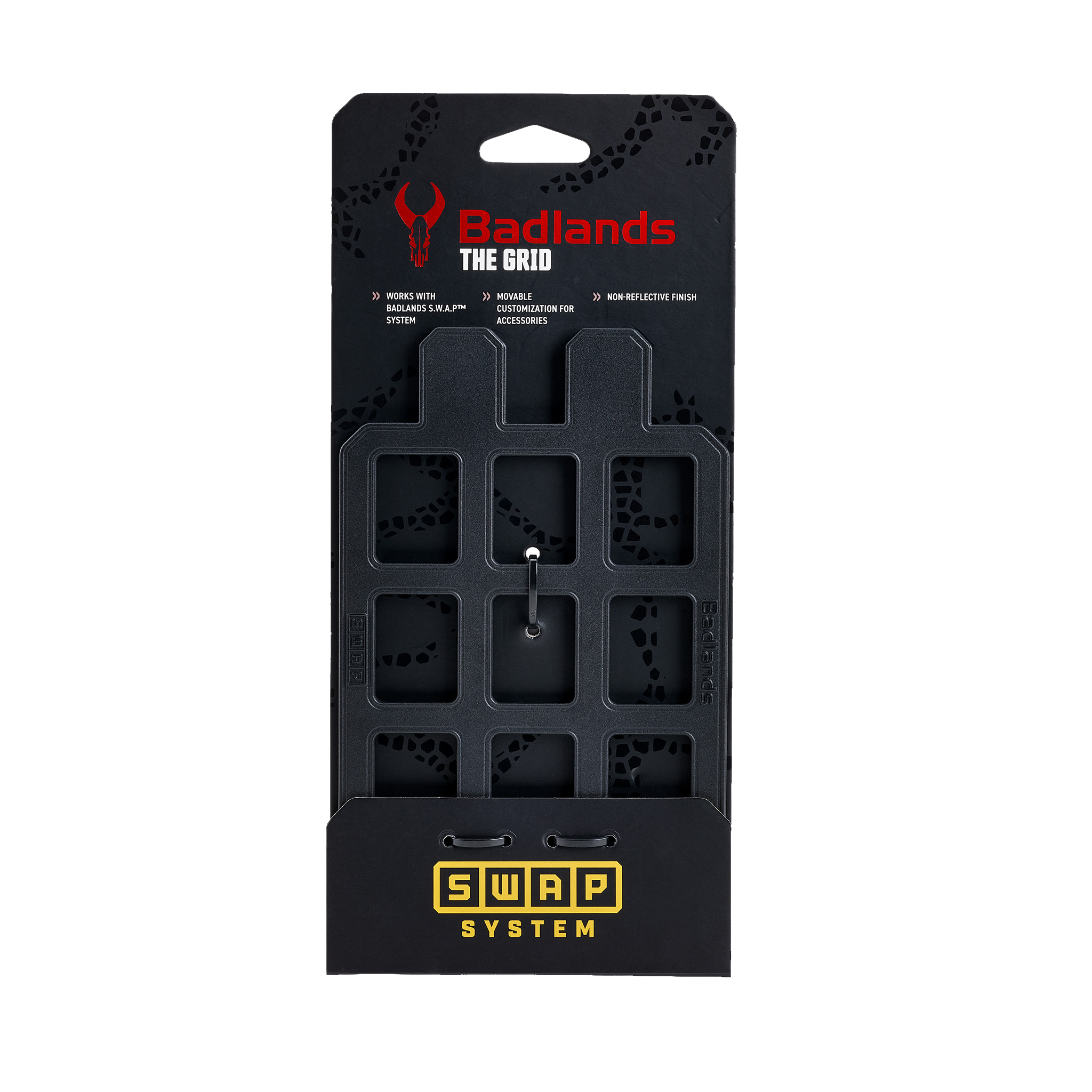 Moonrivers Logo on black packaging for The Grid SWAP System, featuring modular accessory slots and non-reflective finish.