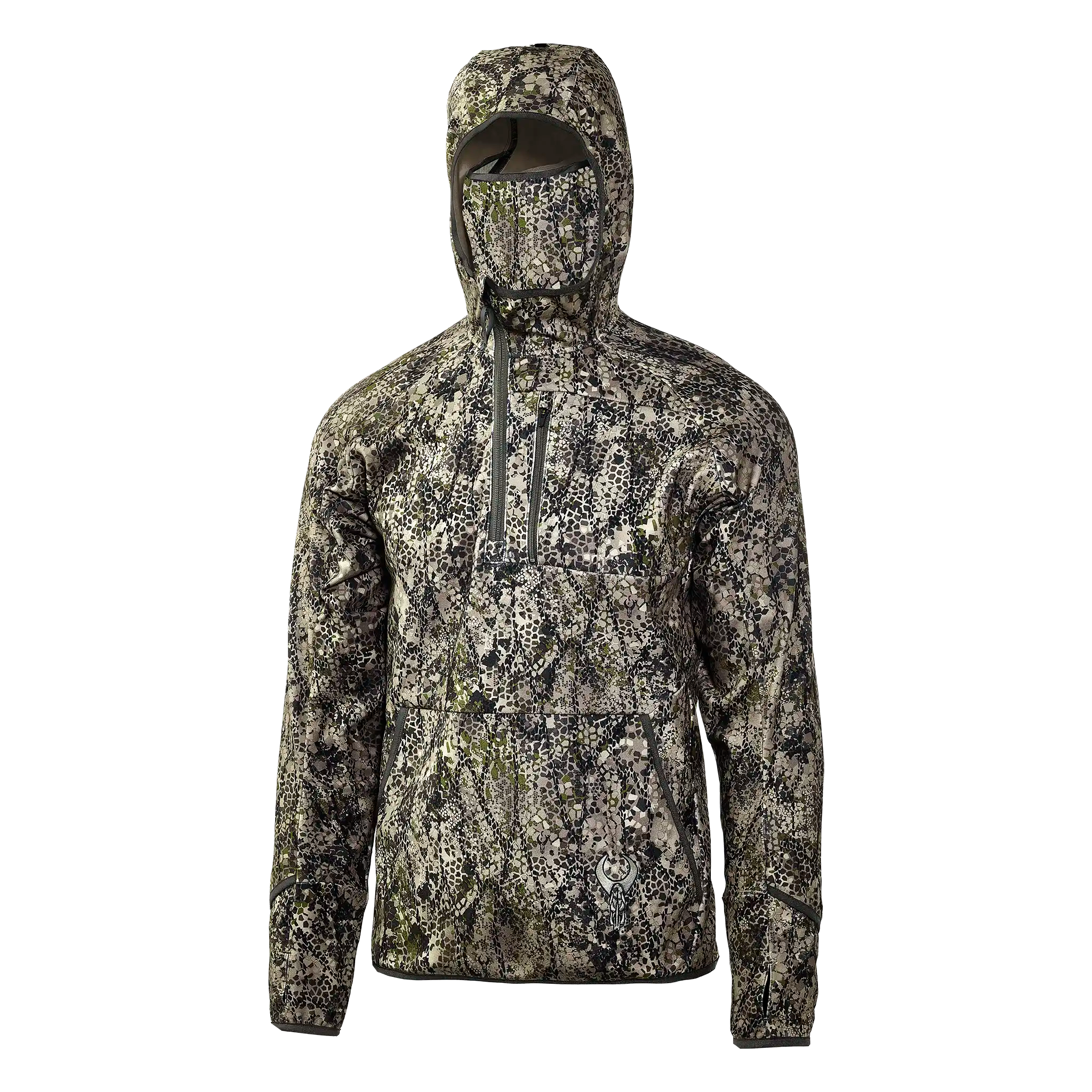 Camo jacket with hood, zippered chest pocket, and Moonrivers Logo on the lower front, designed for outdoor use.