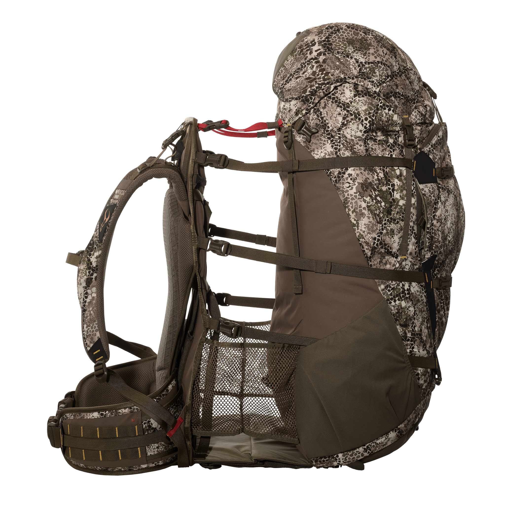 Moonrivers camo hunting backpack with ergonomic frame, mesh pockets, and skull logo on shoulder strap. Side view.