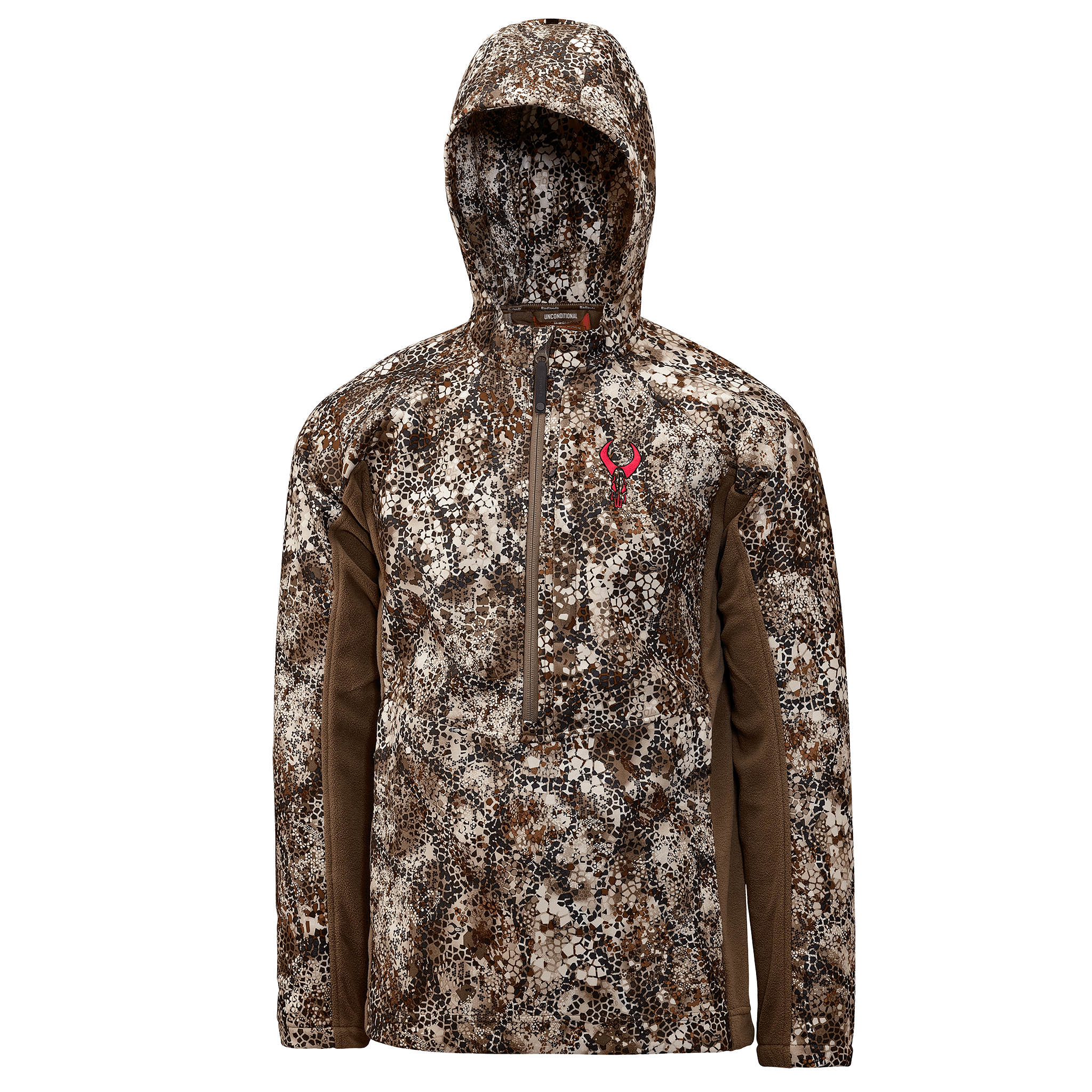 Camo hooded jacket with Moonrivers skull logo on chest, front zipper, and brown side panels.