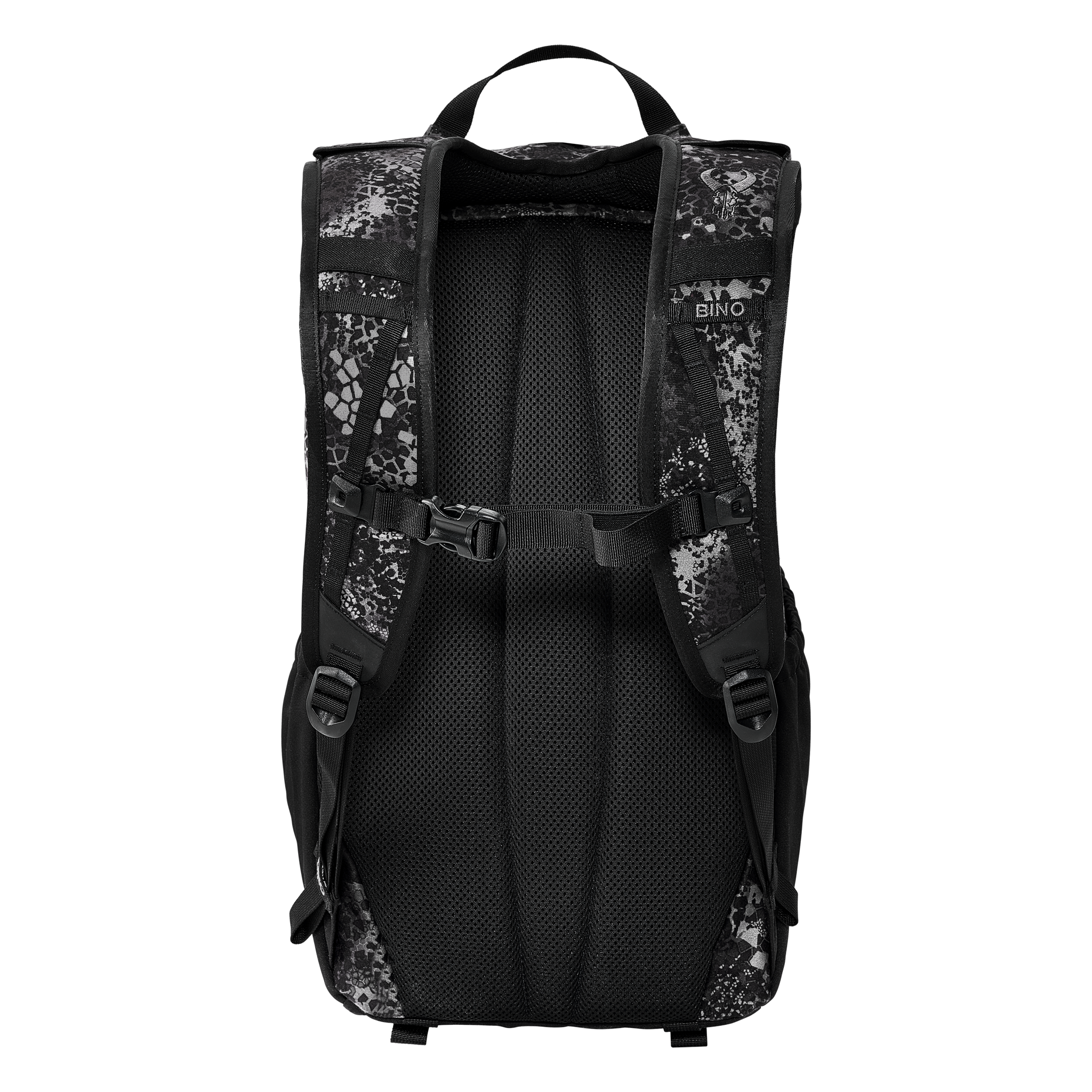 Black Moonrivers backpack, ergonomic mesh back, adjustable straps, and chest buckle; camouflage pattern on shoulder straps.
