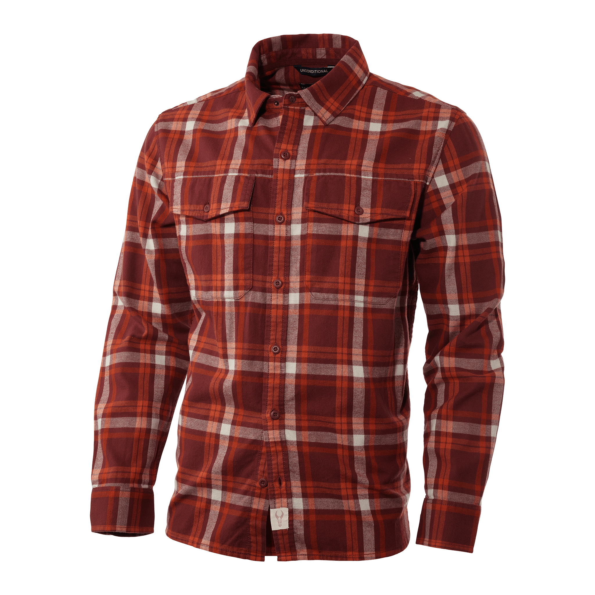 Red plaid Moonrivers flannel shirt with long sleeves and chest pockets; Moonrivers skull logo tag at the hem.