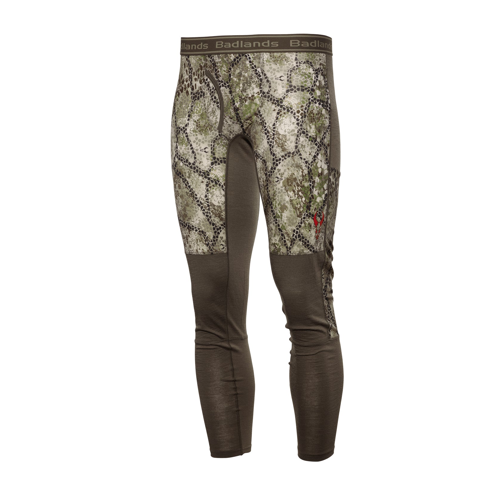 Camo hunting base layer pants with Moonrivers Logo on thigh and waistband, shown on white background.