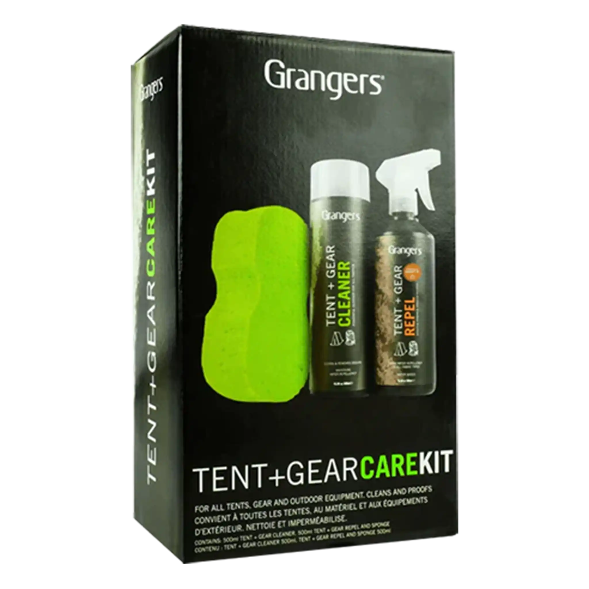 Grangers Tent + Gear Care Kit box with cleaner, repellent spray, and sponge for outdoor equipment maintenance.