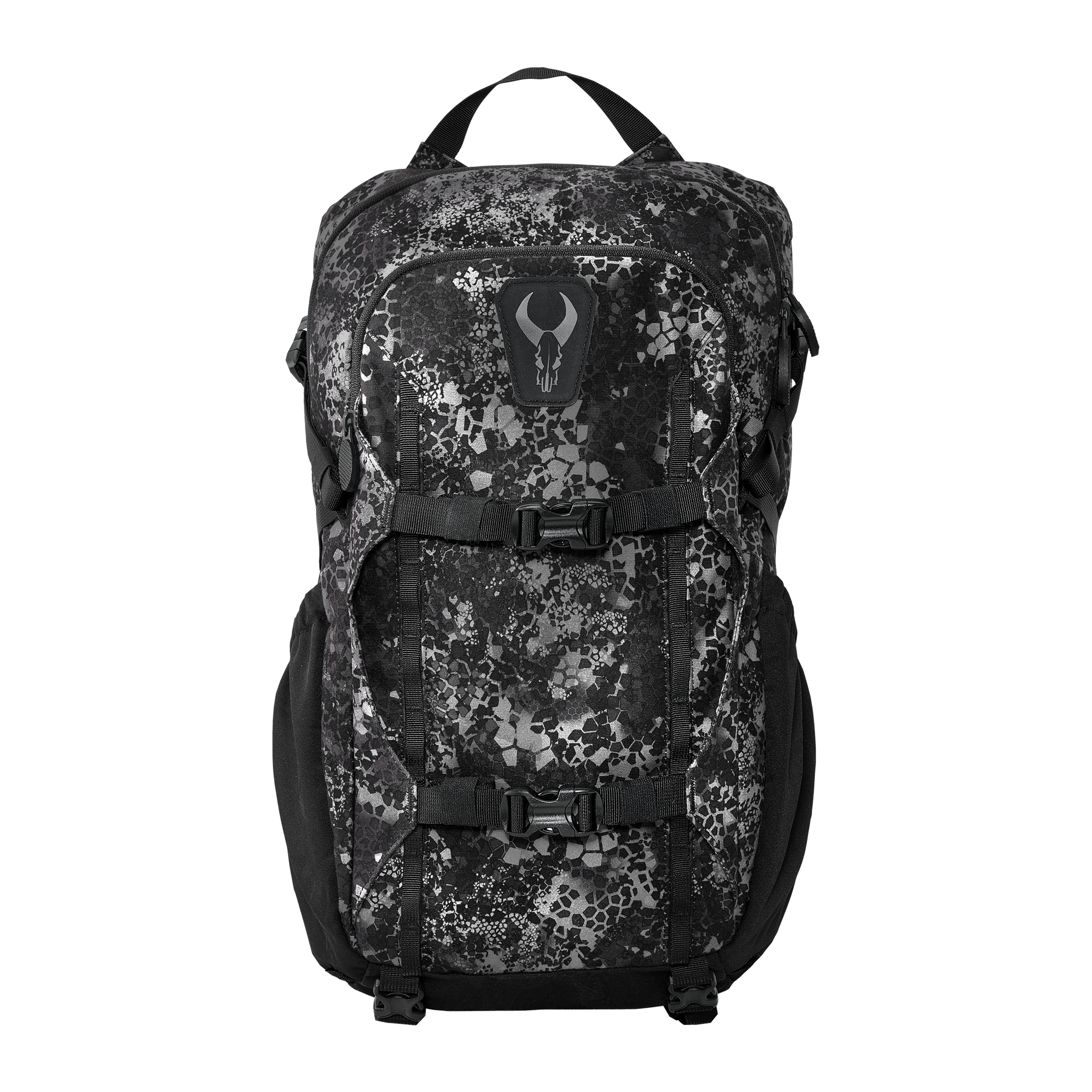 Black camo backpack with Moonrivers skull logo, front buckles, and top handle; suitable for outdoor or everyday use.