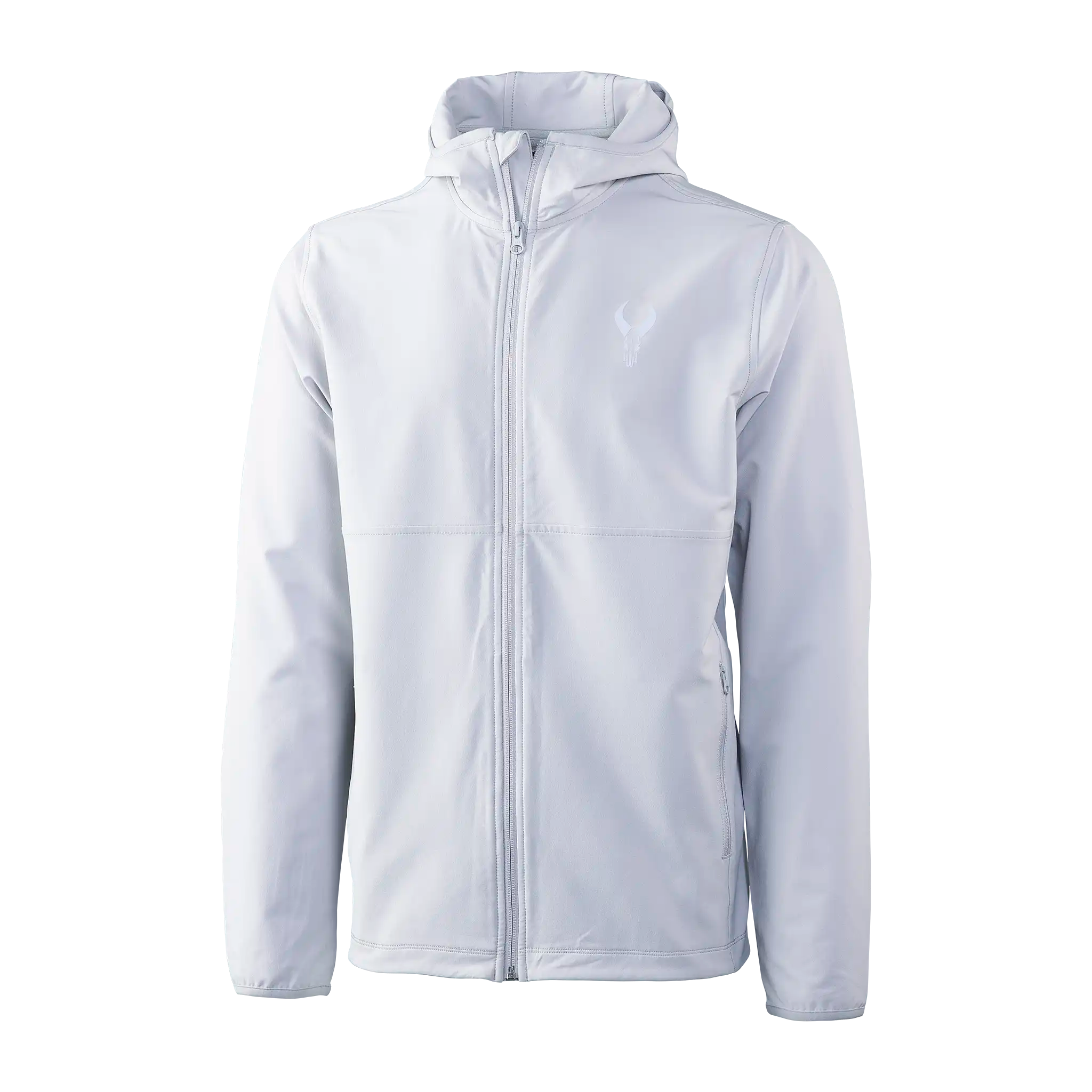 Light gray Moonrivers jacket with hood, front zipper, and subtle Moonrivers skull logo on the left chest.