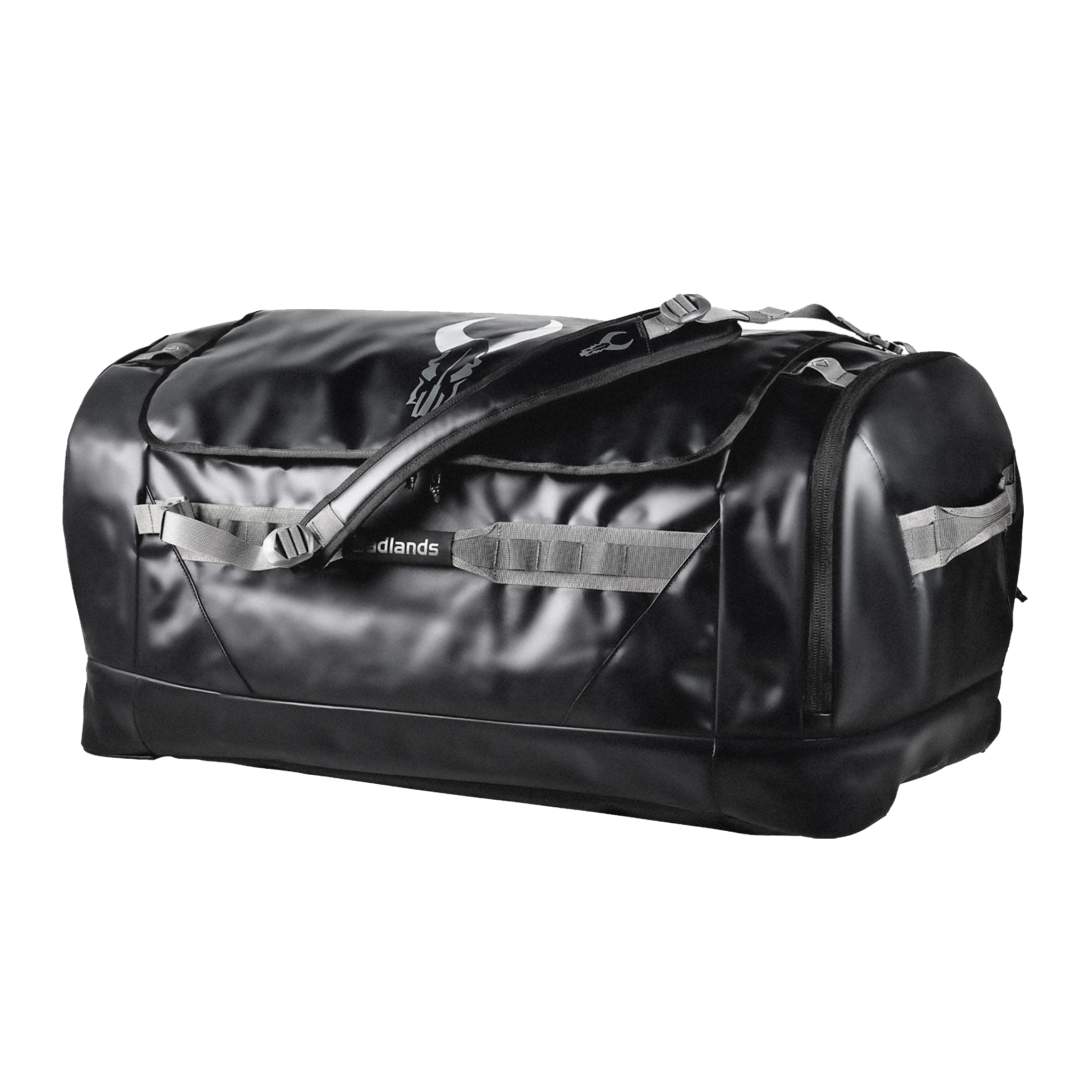 Black duffel bag with Moonrivers skull logo, gray straps, and side zipper pocket, designed for outdoor or travel use.