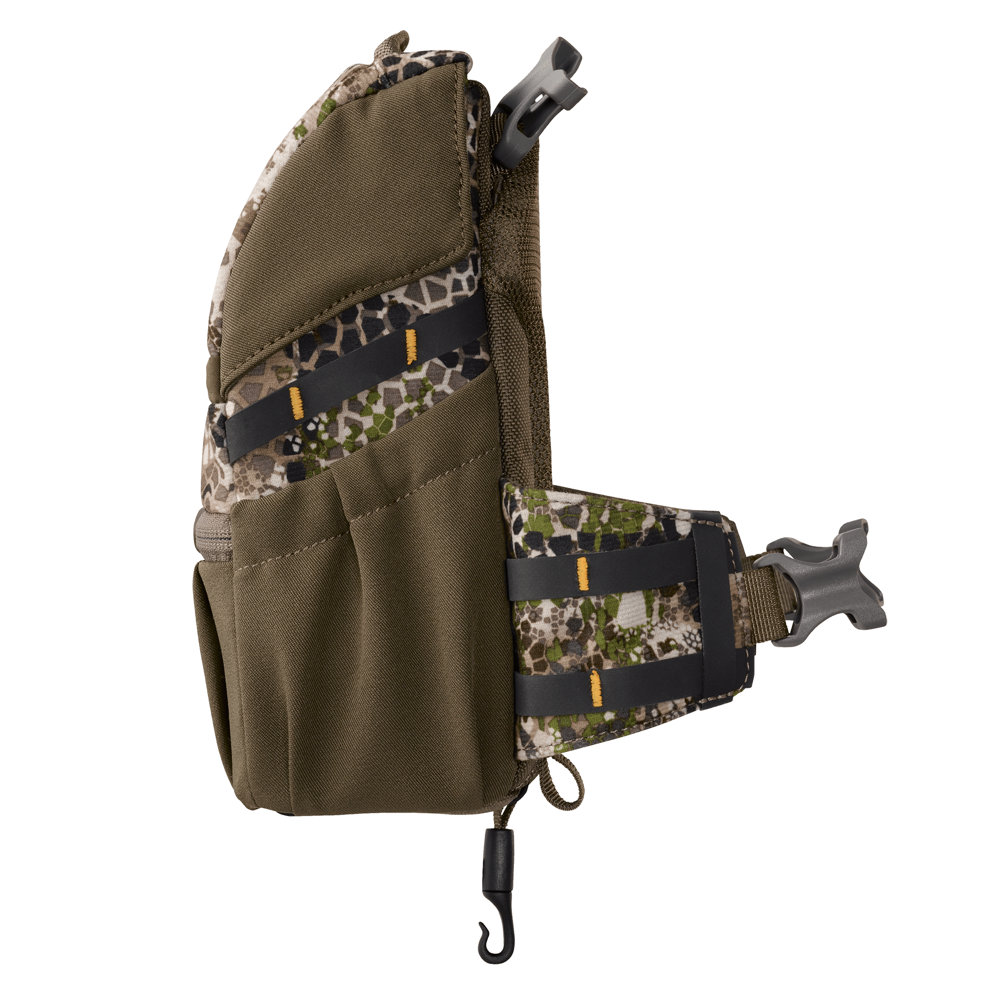 Side view of a camo-patterned Moonrivers pouch with adjustable straps and multiple compartments.