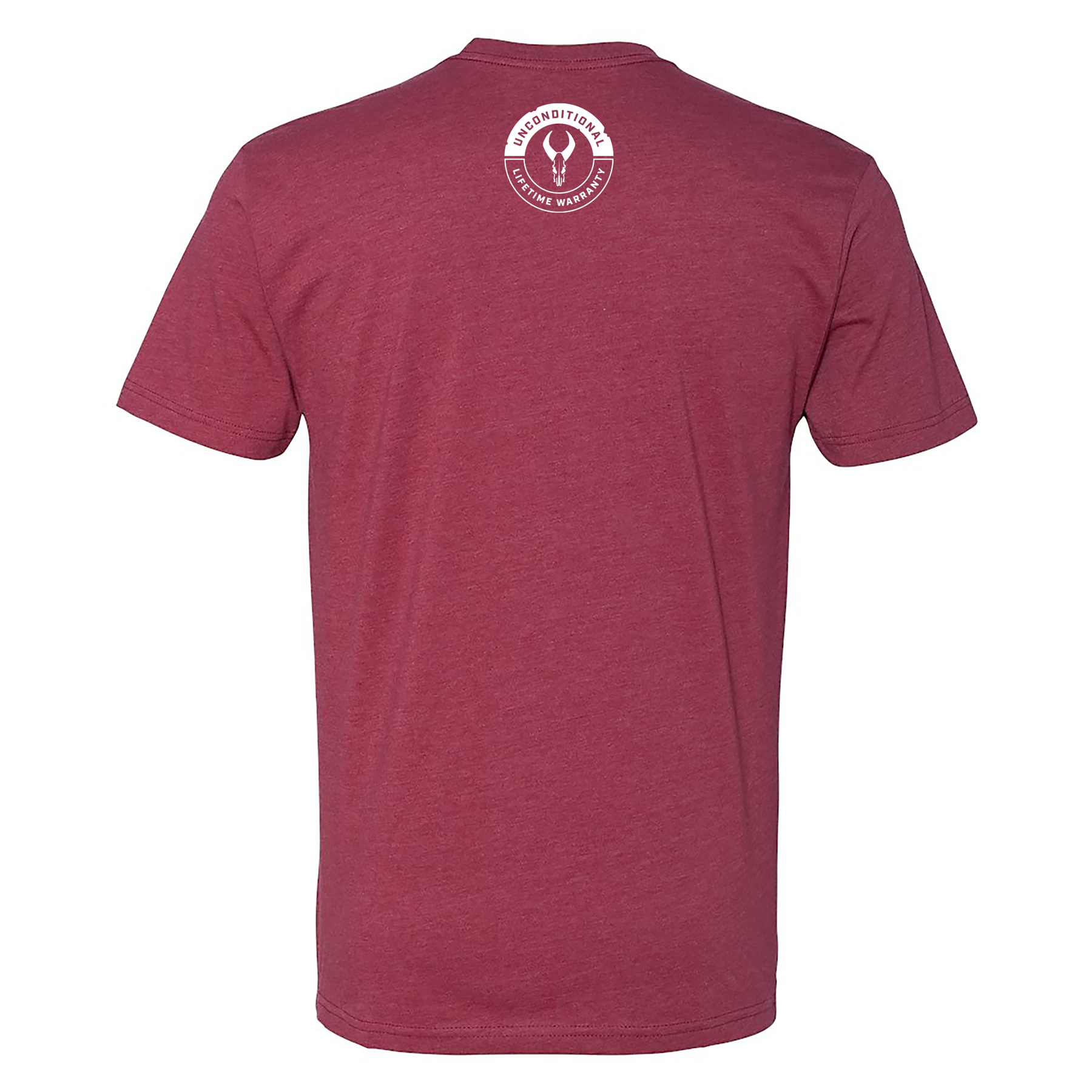Maroon t-shirt with Moonrivers skull logo and "Unconditional Lifetime Warranty" text on upper back.