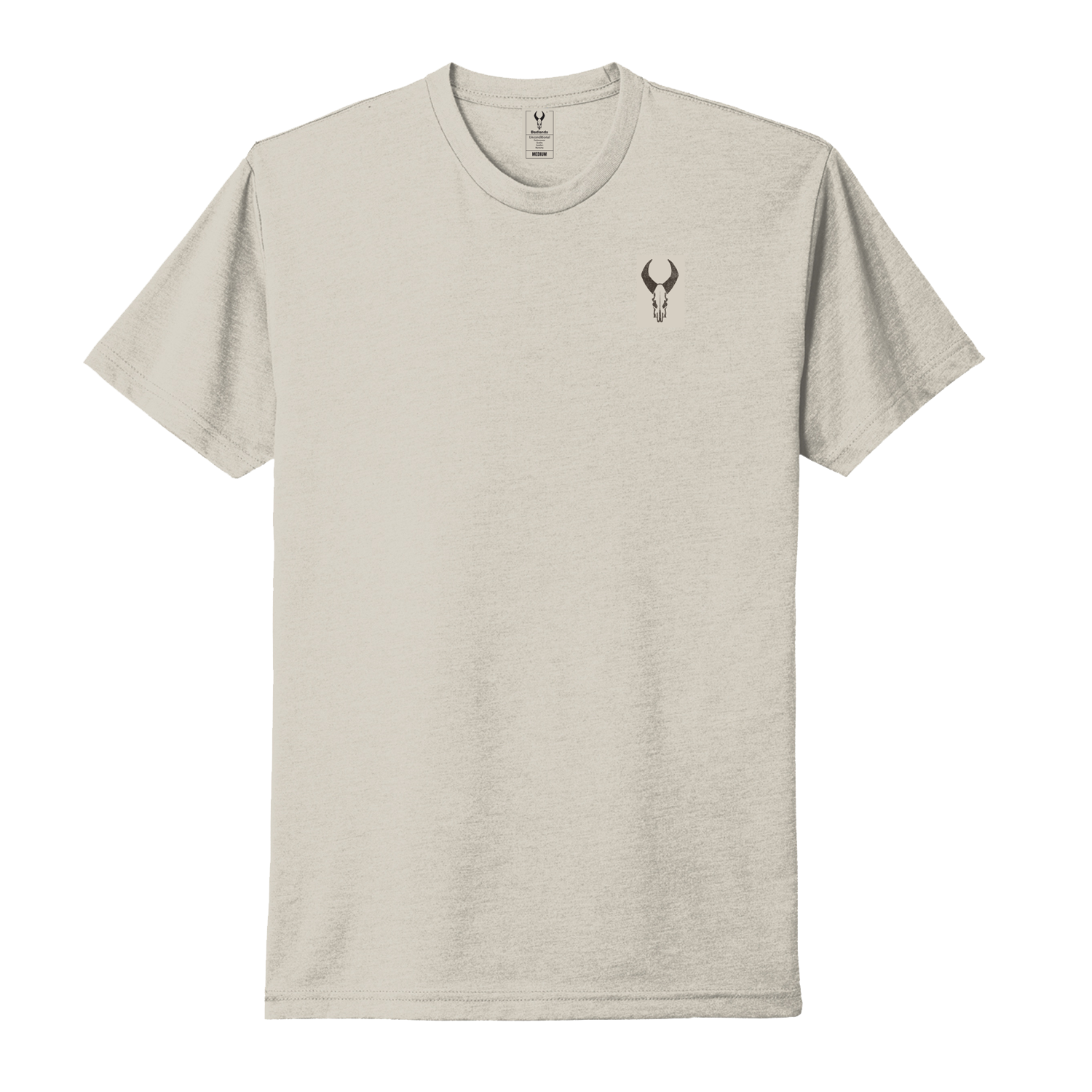 Light beige t-shirt with a small black Moonrivers skull logo on the left chest. Simple, short-sleeve design.